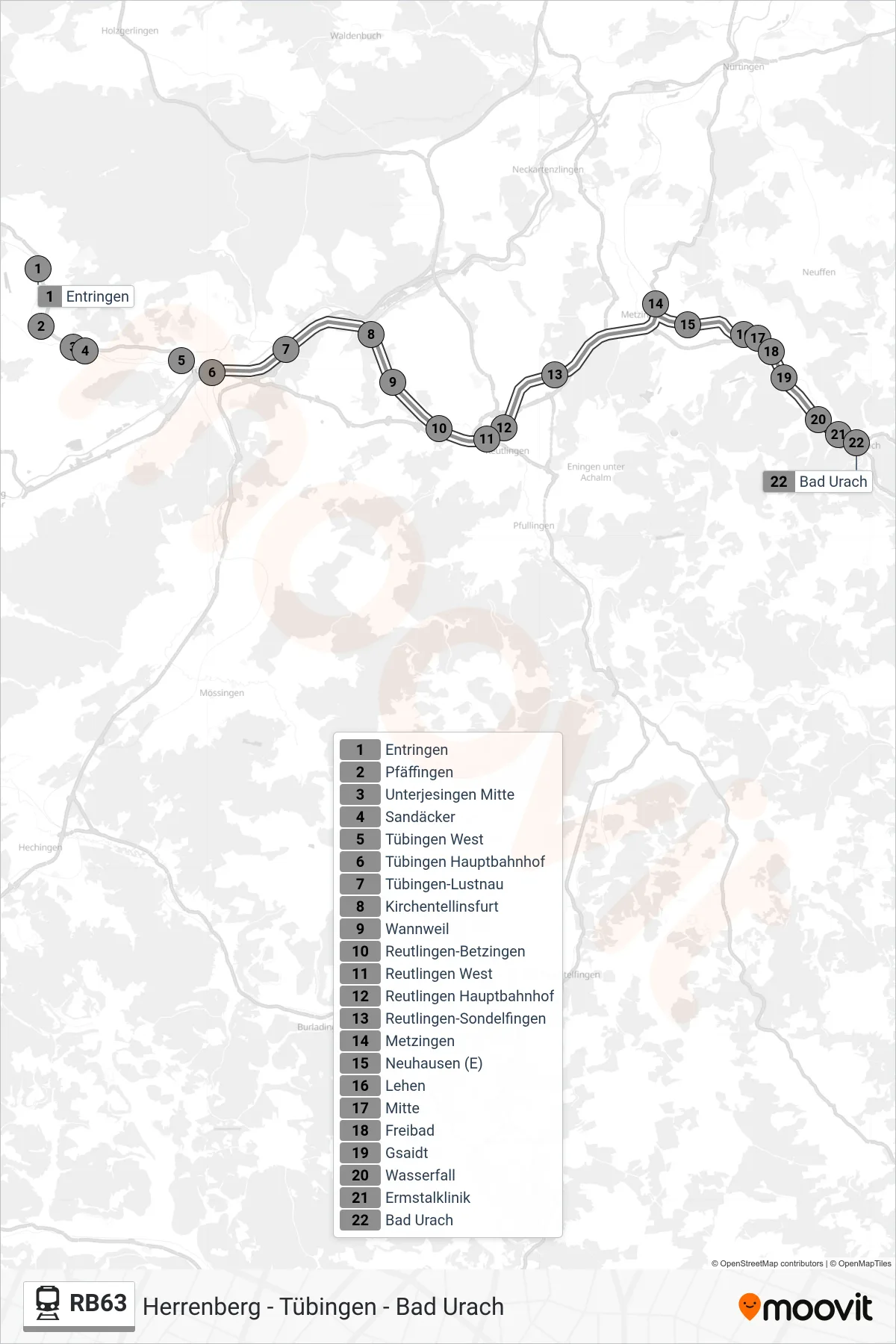 RB63 train Line (Bad Urach) route and stops on a map