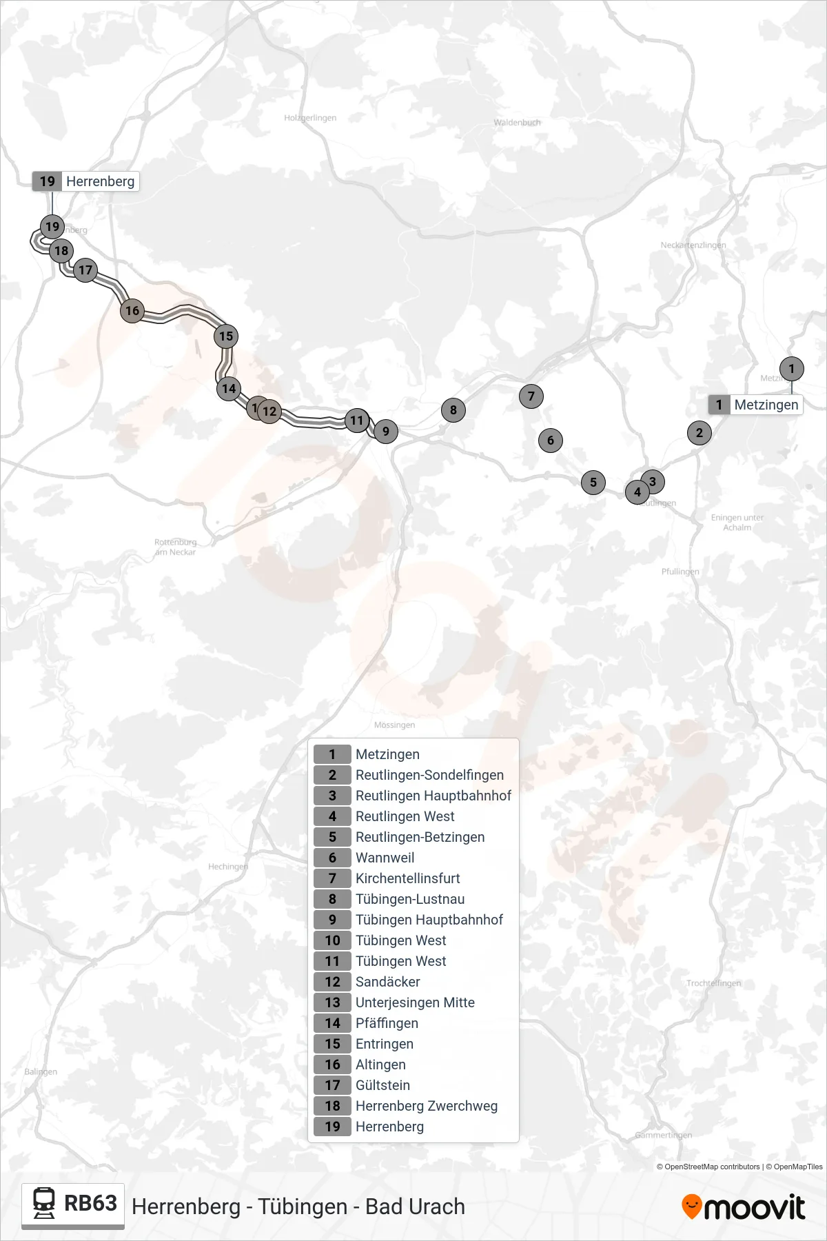 Linie RB63 (Bahn) Richtung Herrenberg: Route und Haltestellen auf der Karte