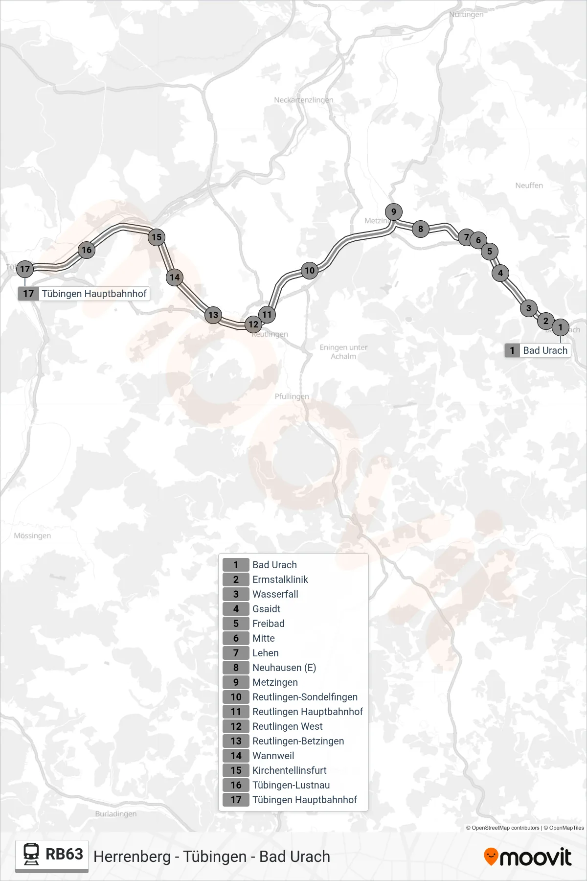 RB63 train Line (Tübingen Hauptbahnhof) route and stops on a map