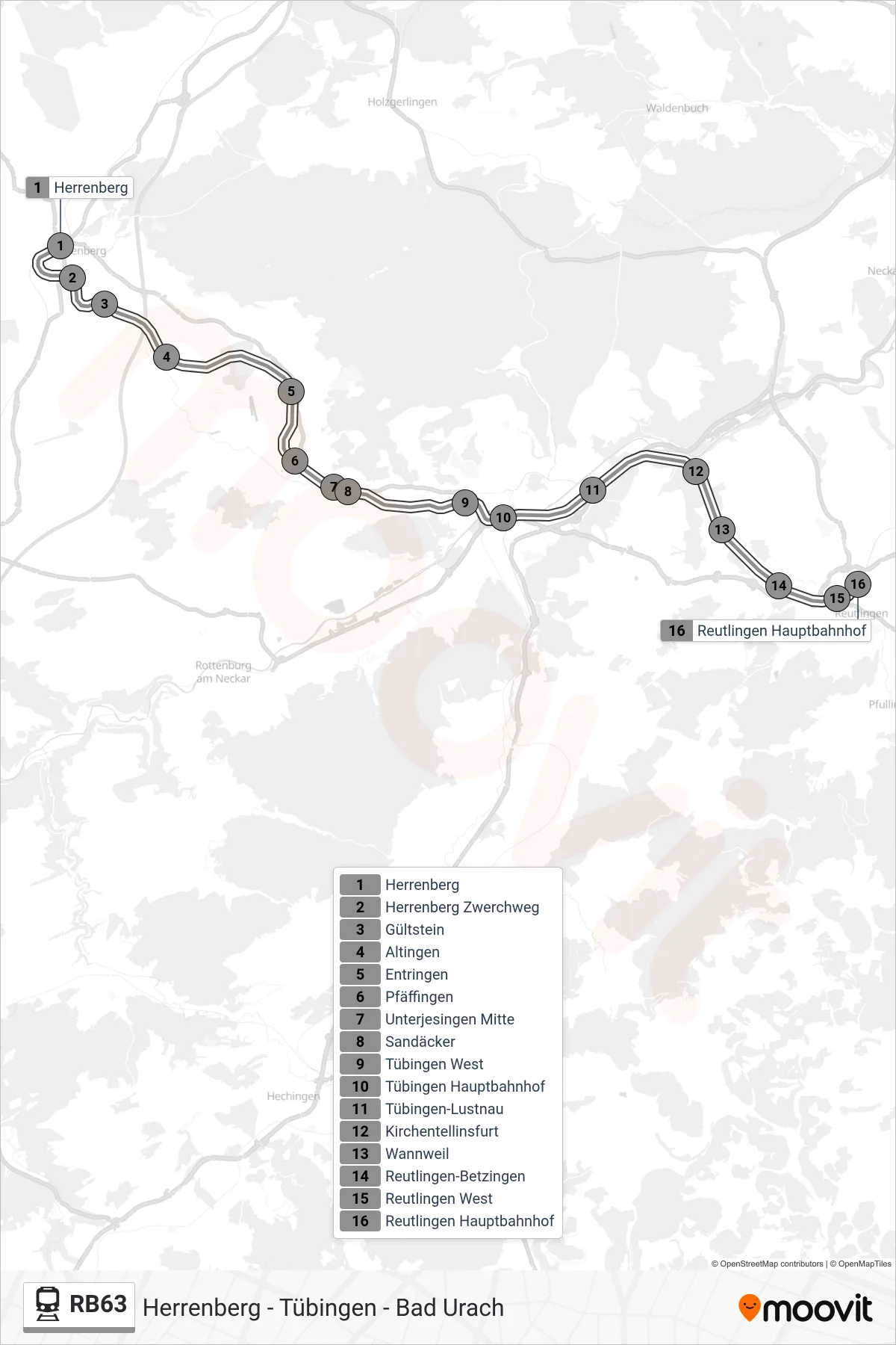 RB63 train Line (Reutlingen Hauptbahnhof) route and stops on a map