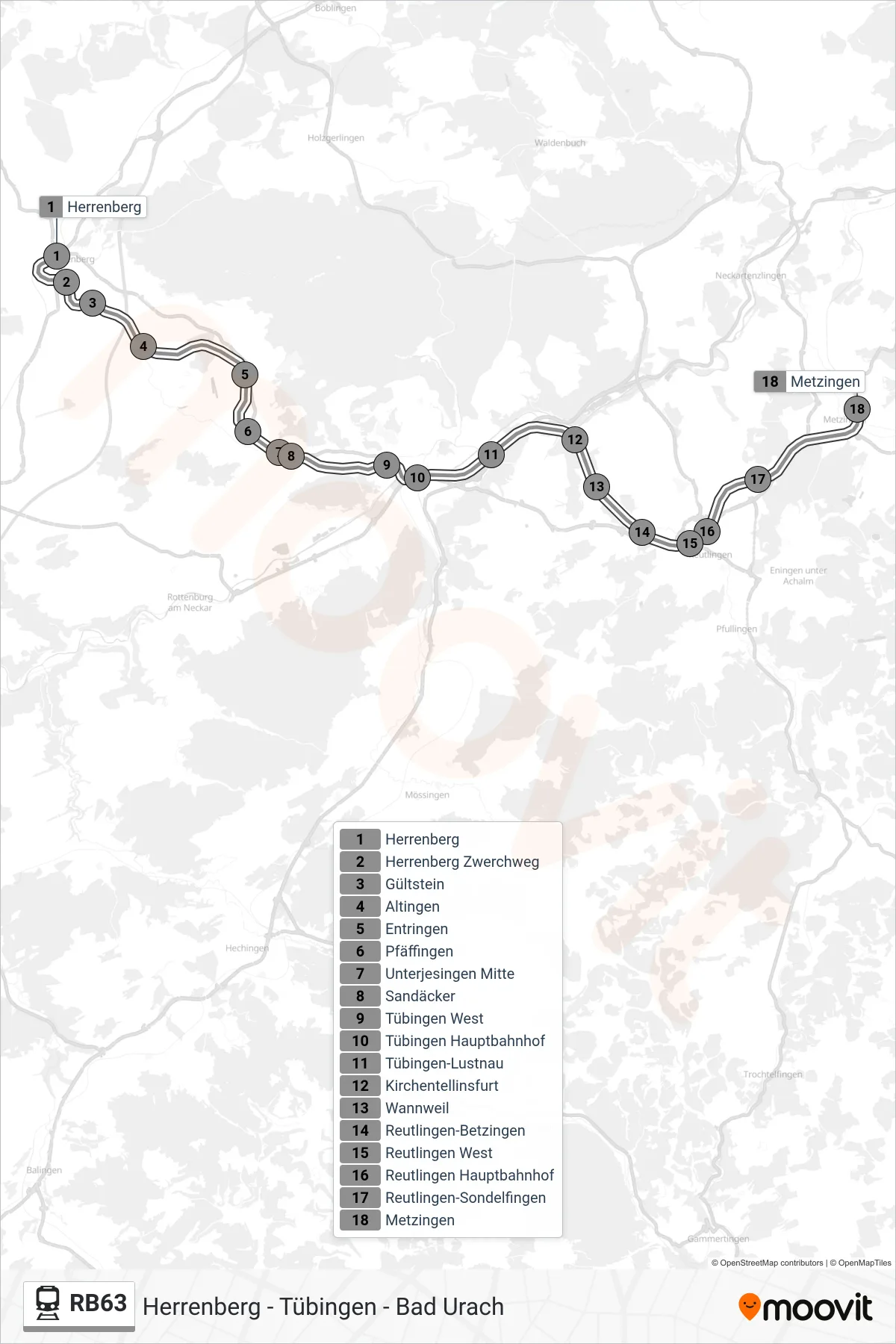 RB63 train Line (Metzingen) route and stops on a map