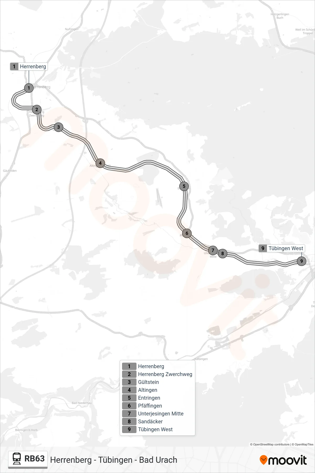RB63 train Line (Tübingen West) route and stops on a map