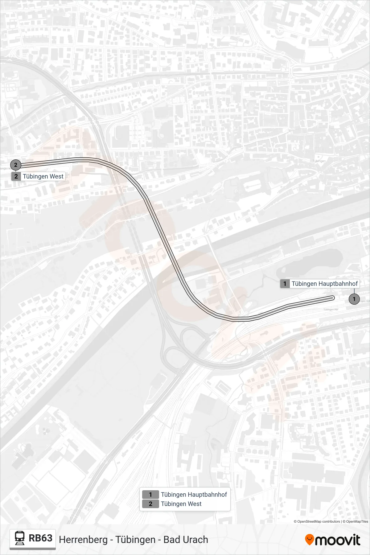 RB63 train Line (Tübingen West) route and stops on a map