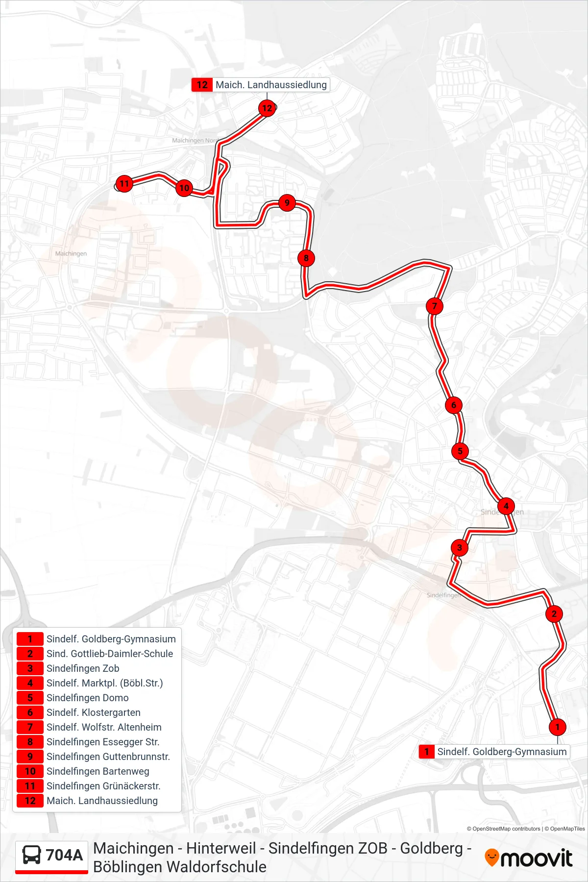 Linie 704A (Bus) Richtung Maich. Landhaussiedlung: Route und Haltestellen auf der Karte