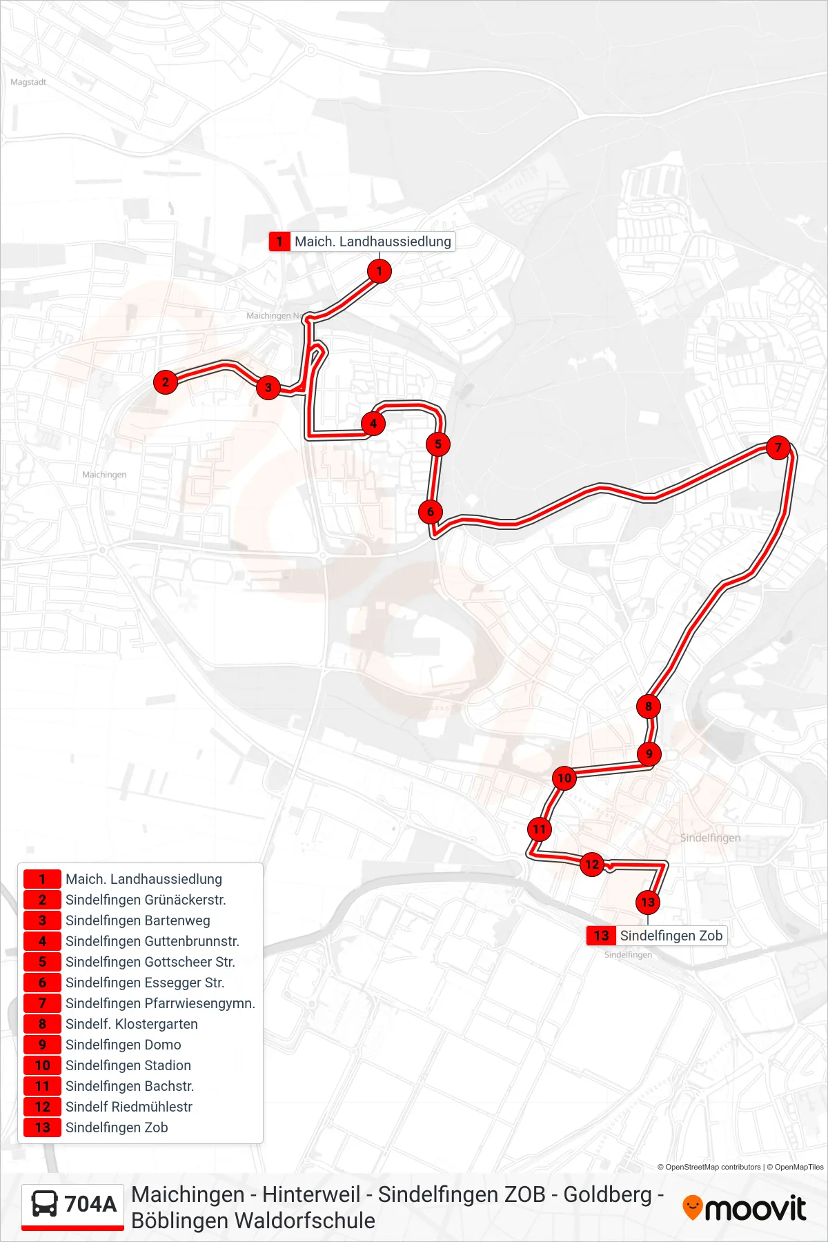 704A bus Line (Sindelfingen Zob) route and stops on a map