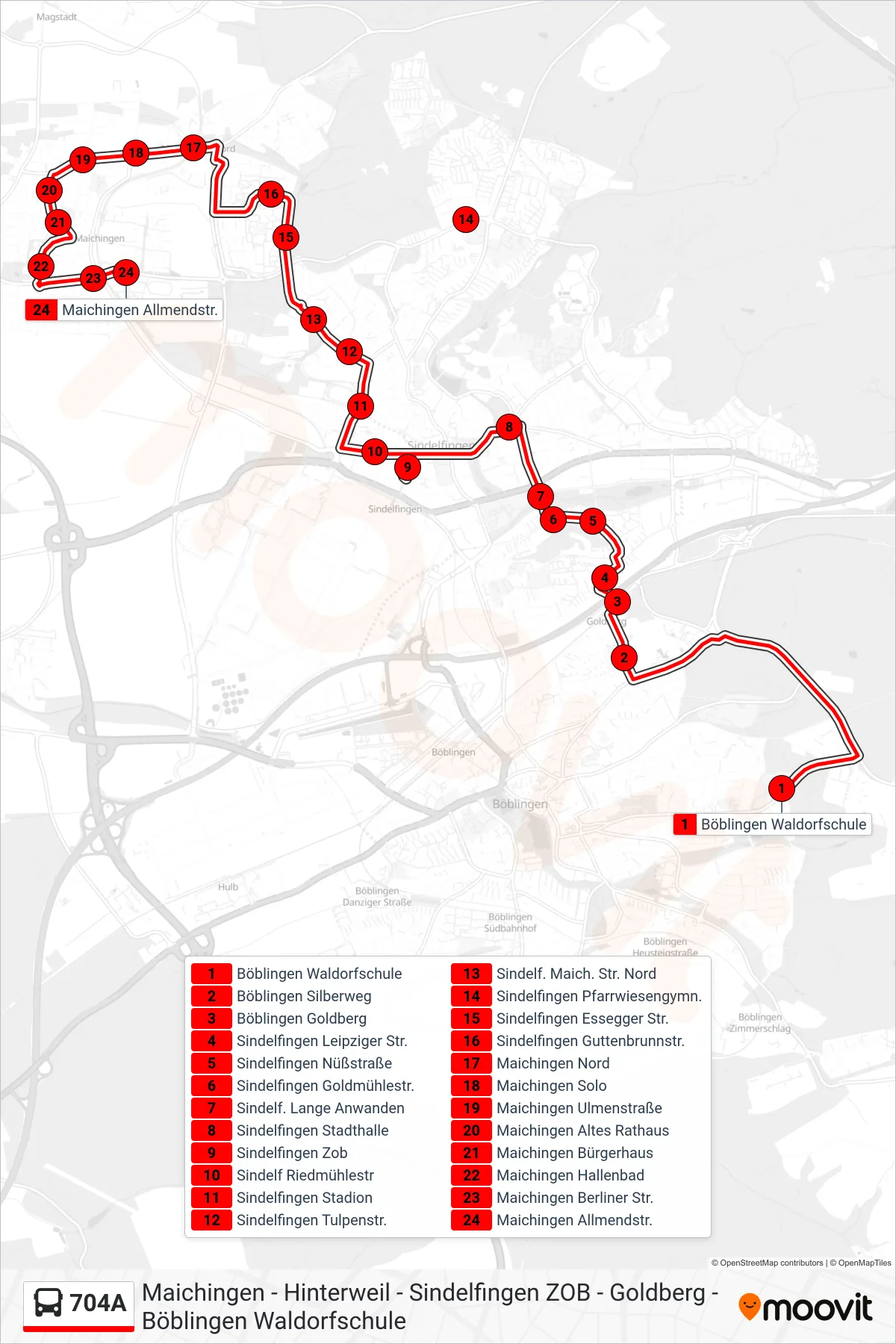 704A bus Line (Maichingen Allmendstr.) route and stops on a map