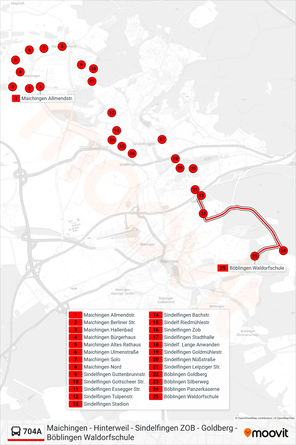 704A bus Line (Böblingen Waldorfschule) route and stops on a map
