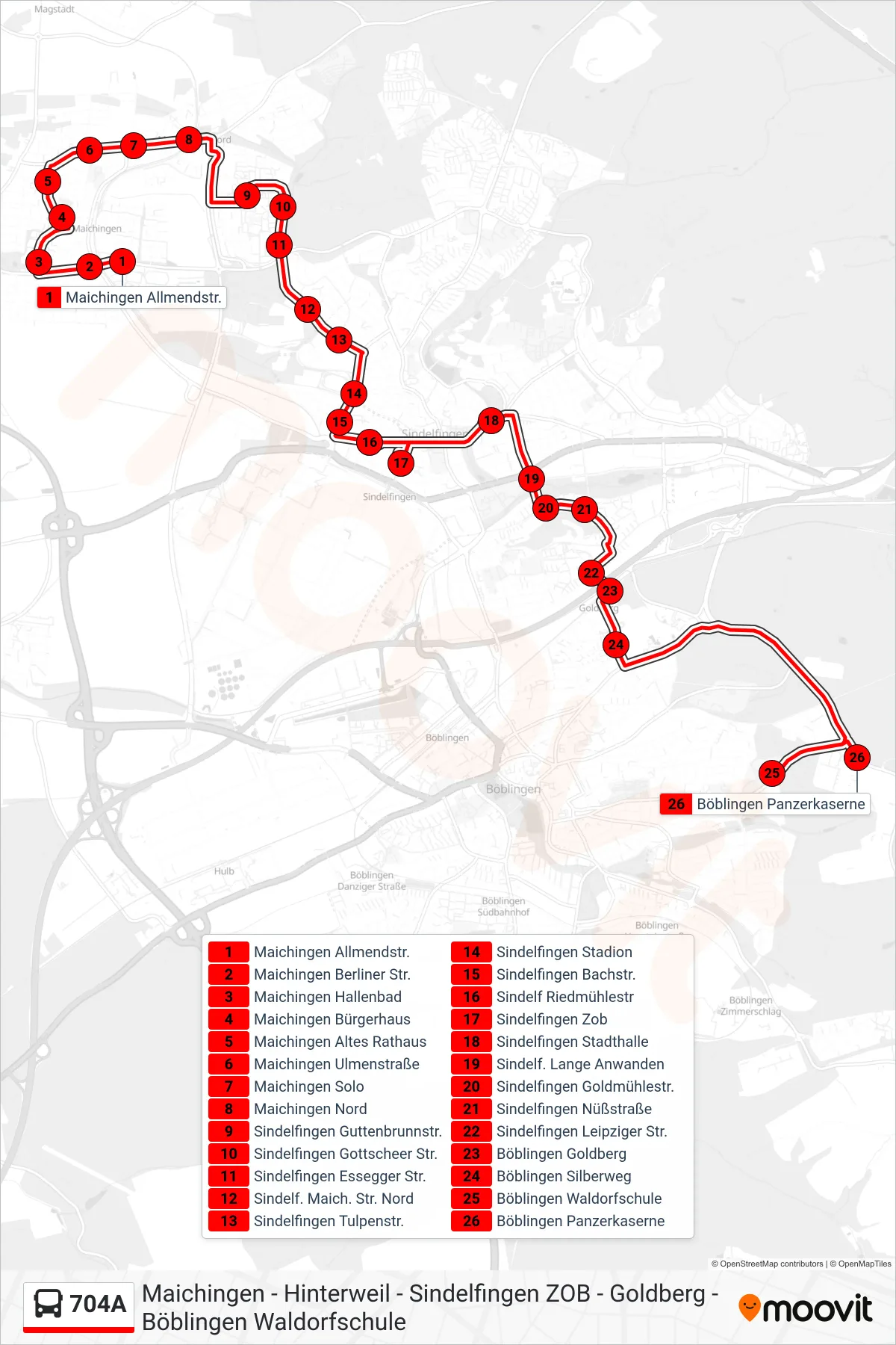 704A bus Line (Böblingen Panzerkaserne) route and stops on a map
