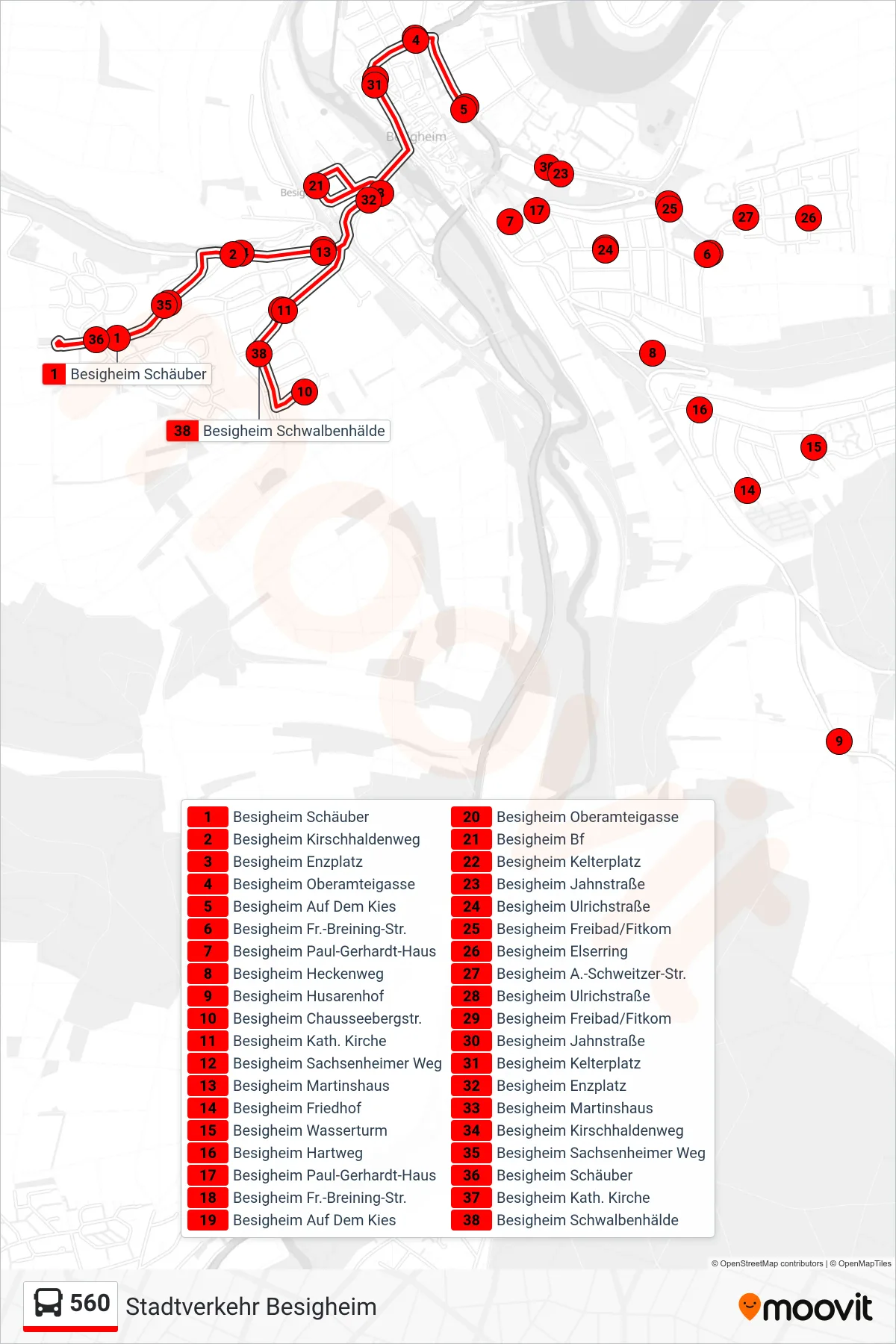 Linie 560 (Bus) Richtung Besigheim Chausseebergstr.: Route und Haltestellen auf der Karte