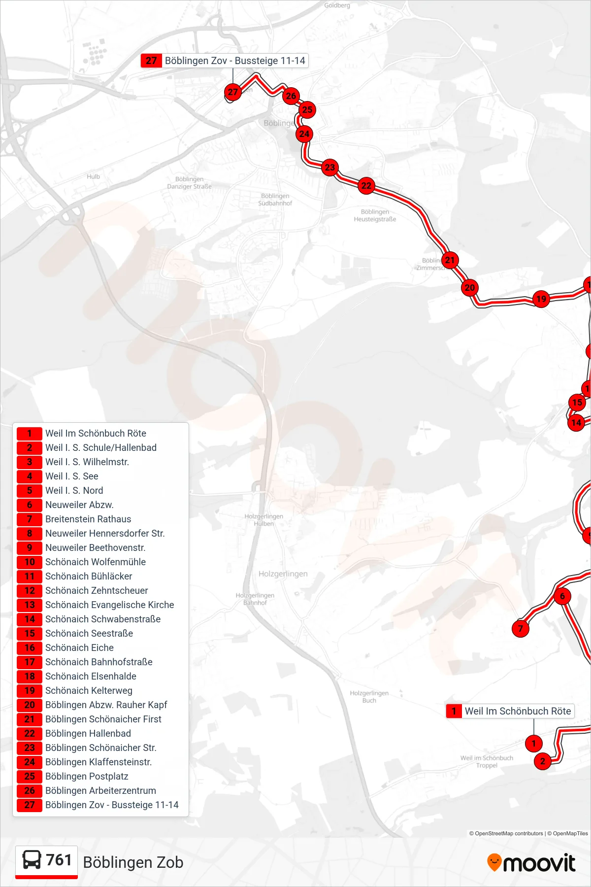 761 bus Line (Böblingen Zob) route and stops on a map
