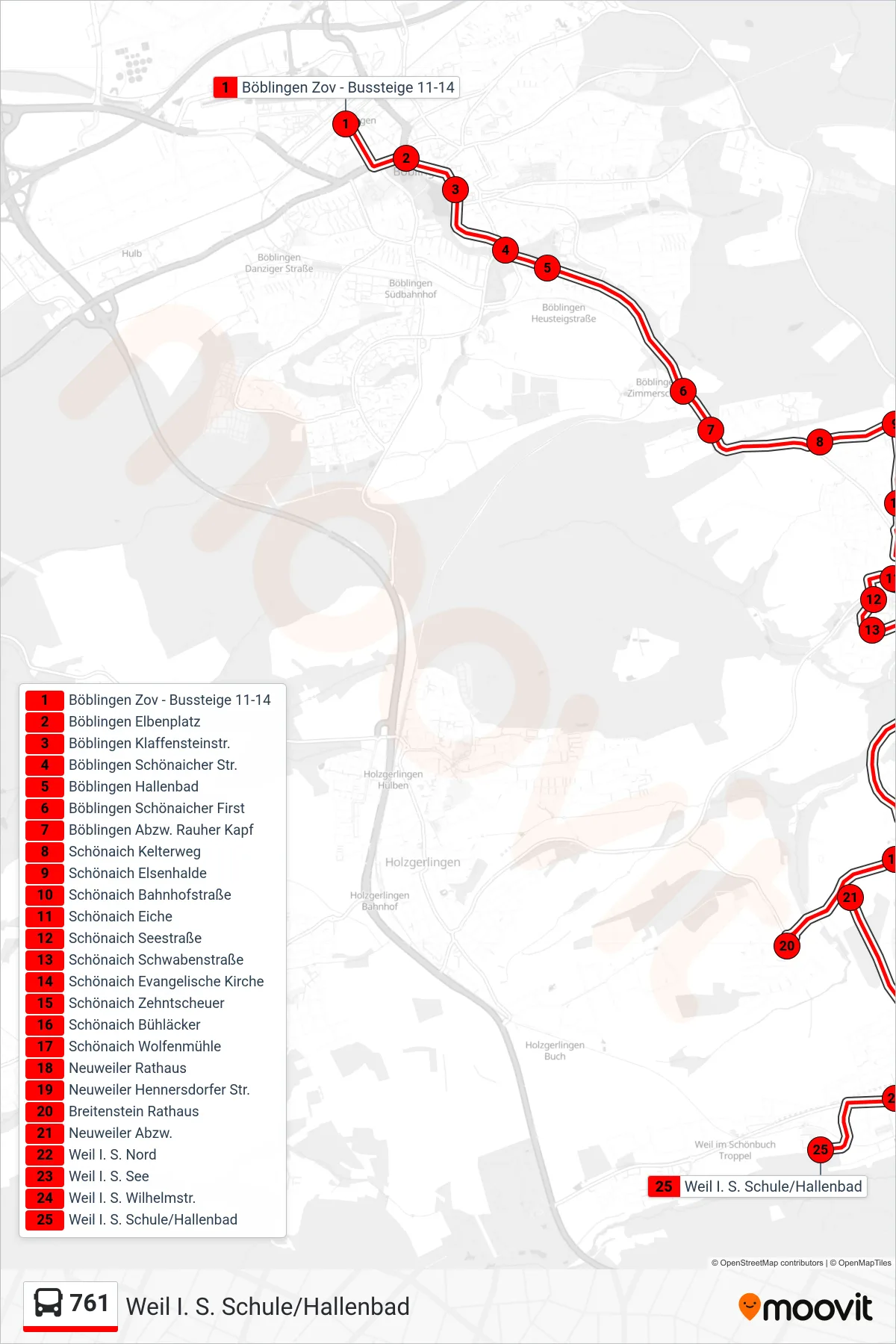 Linie 761 (Bus) Richtung Weil I. S. Schule/Hallenbad: Route und Haltestellen auf der Karte