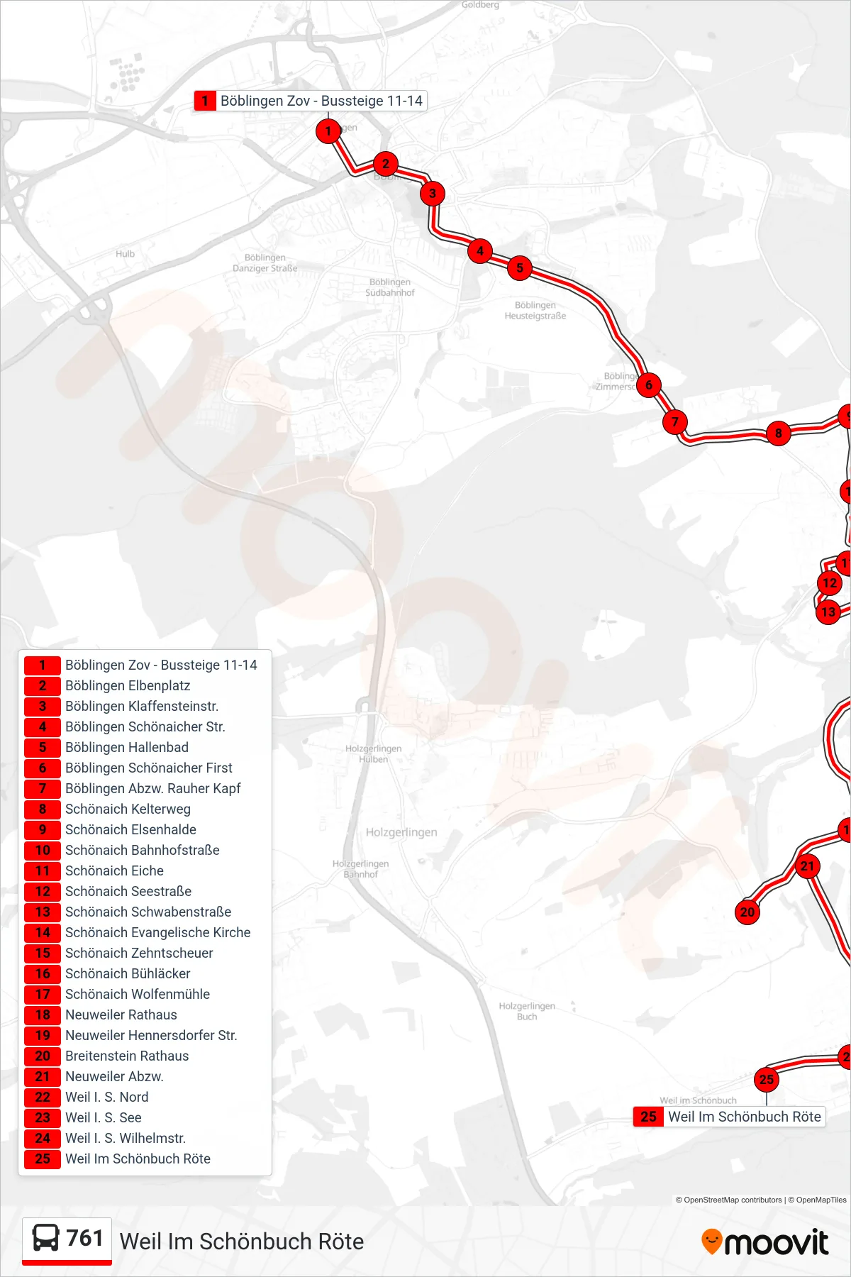 761 bus Line (Weil Im Schönbuch Röte) route and stops on a map