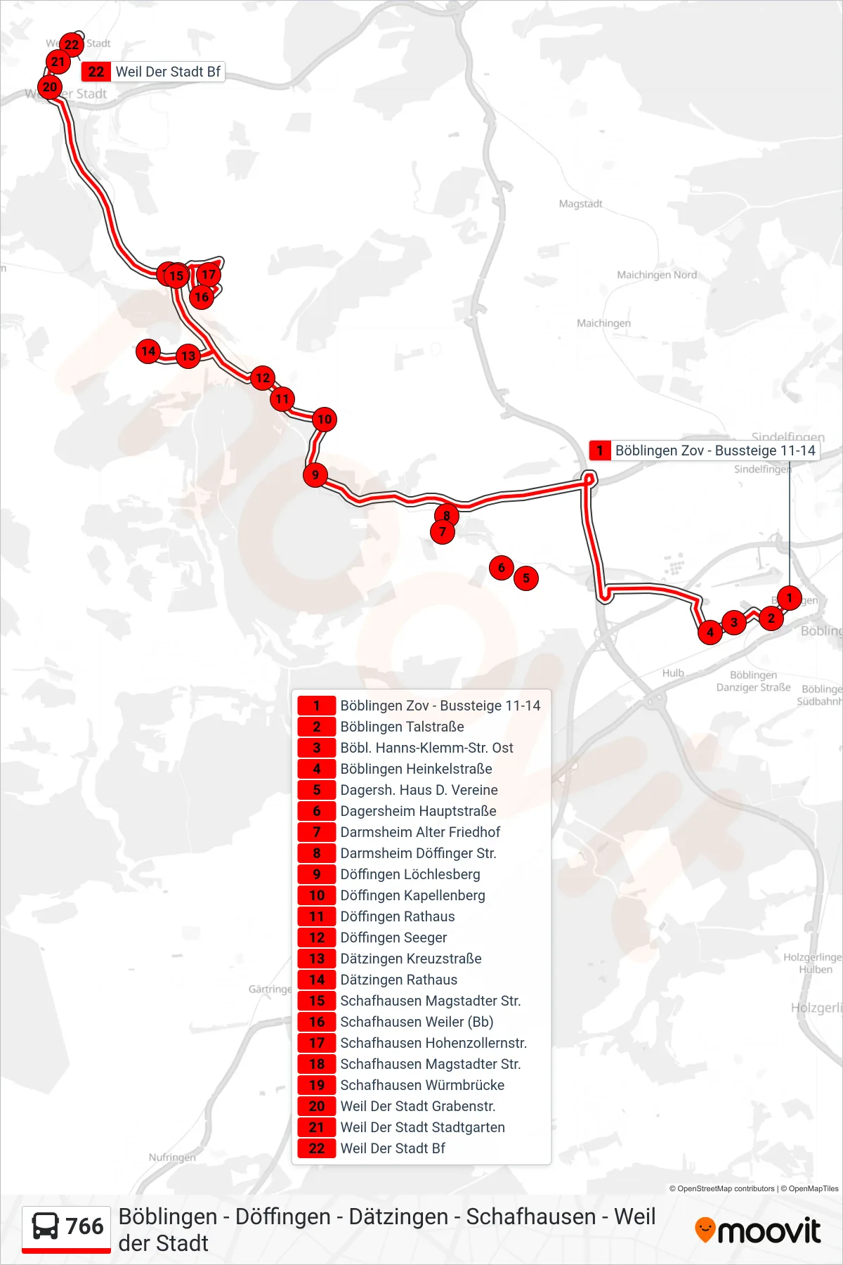 Linie 766 (Bus) Richtung Weil Der Stadt Bf: Route und Haltestellen auf der Karte