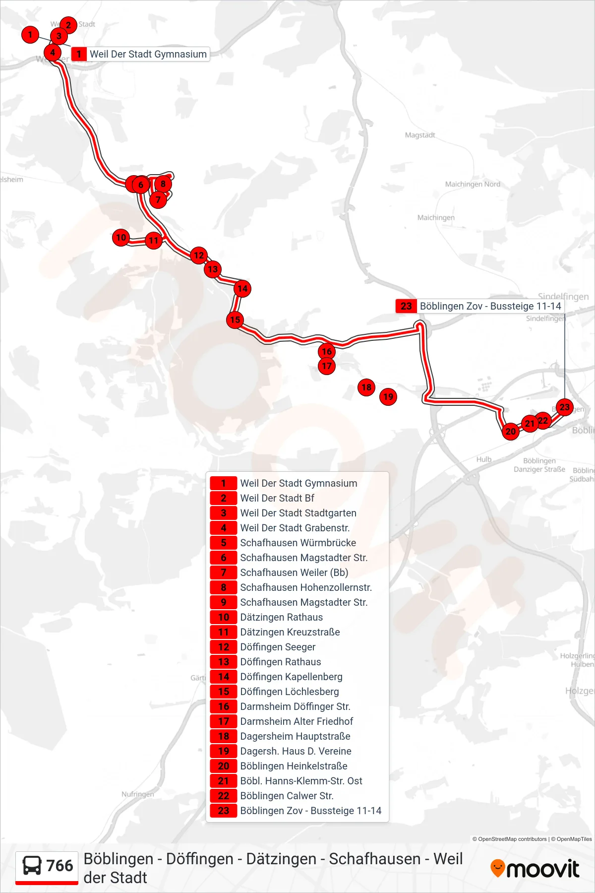 766 bus Line (Böblingen Zob) route and stops on a map