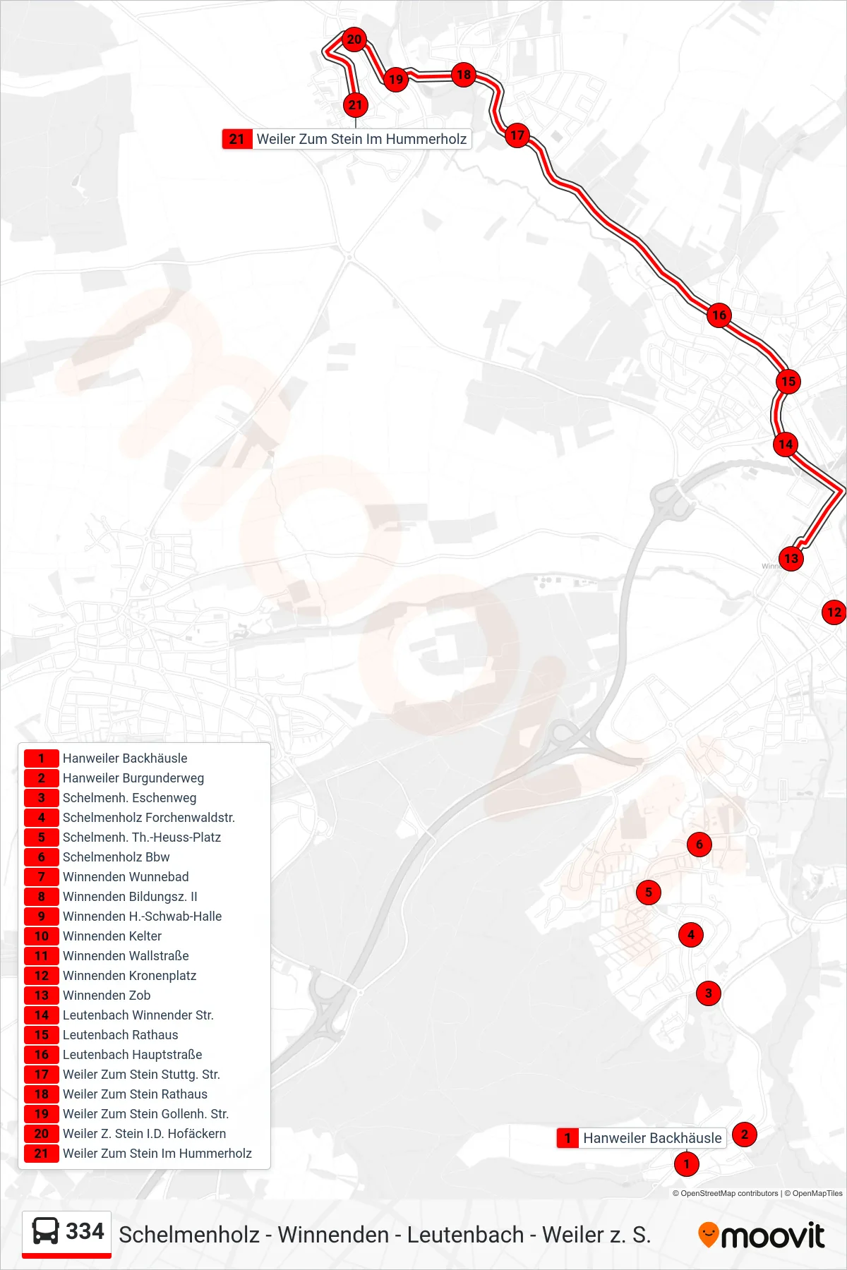 Linie 334 (Bus) Richtung Weiler Zum Stein Im Hummerholz: Route und Haltestellen auf der Karte