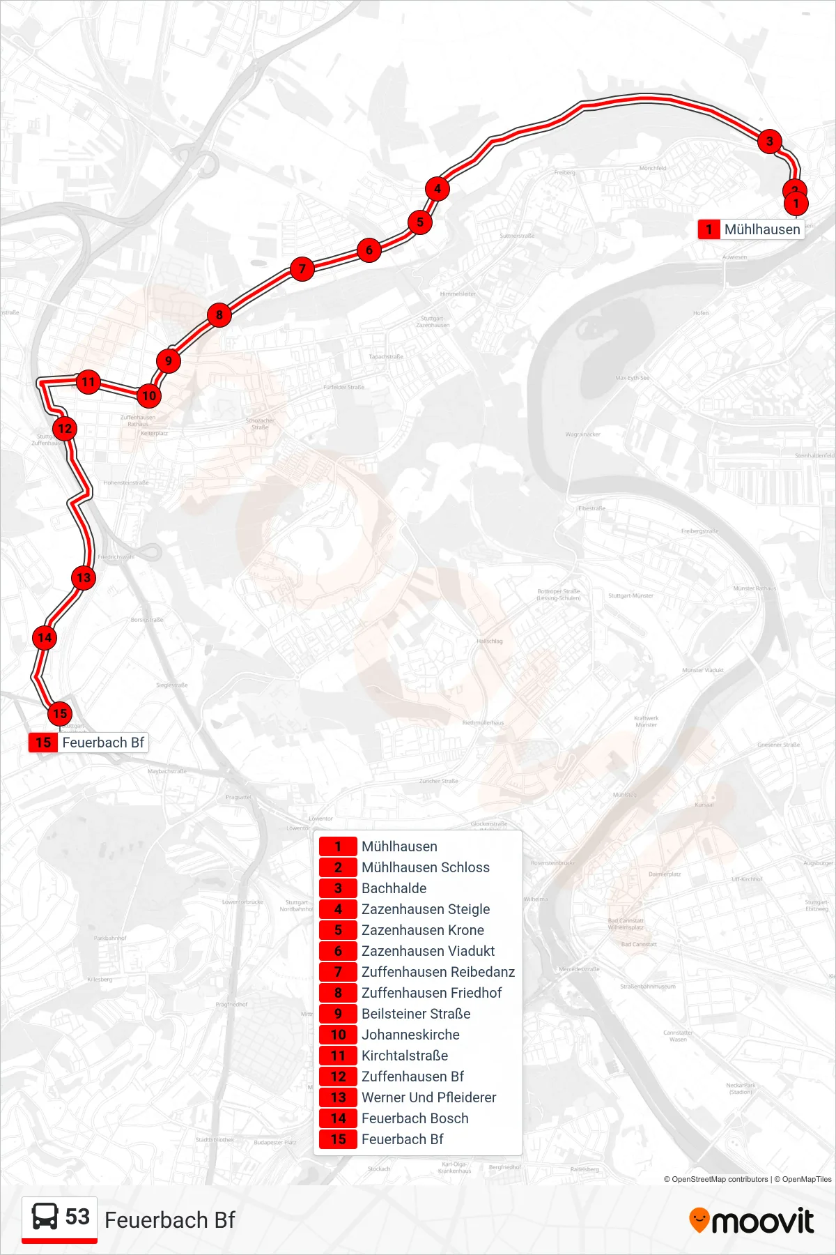 53 bus Line (Feuerbach Bf) route and stops on a map