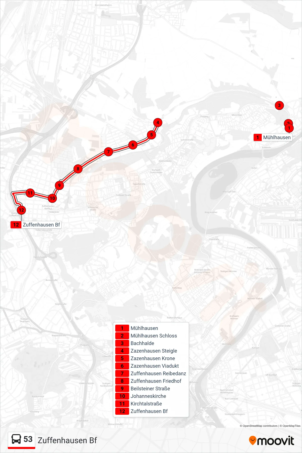 53 bus Line (Zuffenhausen Bf) route and stops on a map
