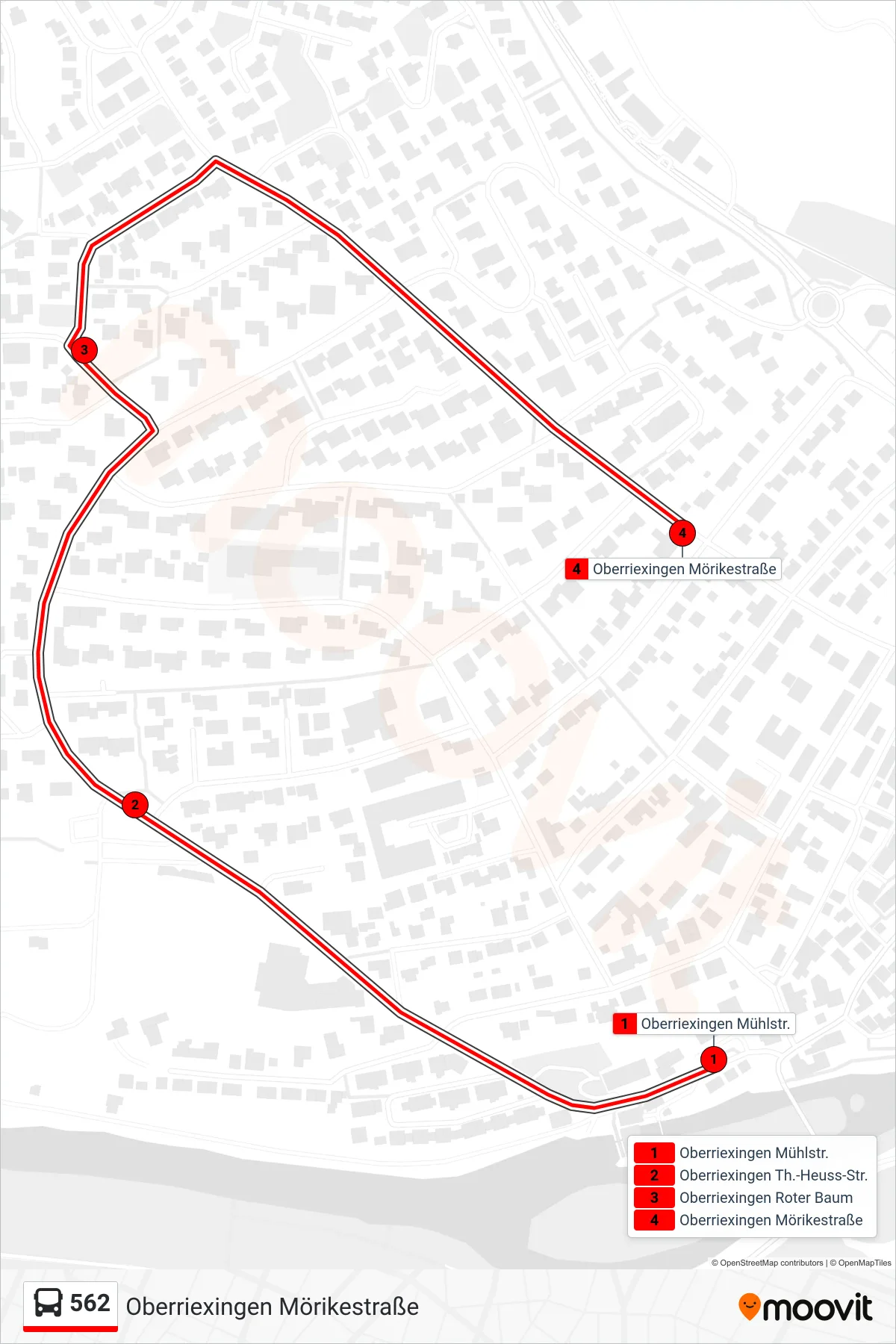 562 bus Line (Oberriexingen Mörikestraße) route and stops on a map