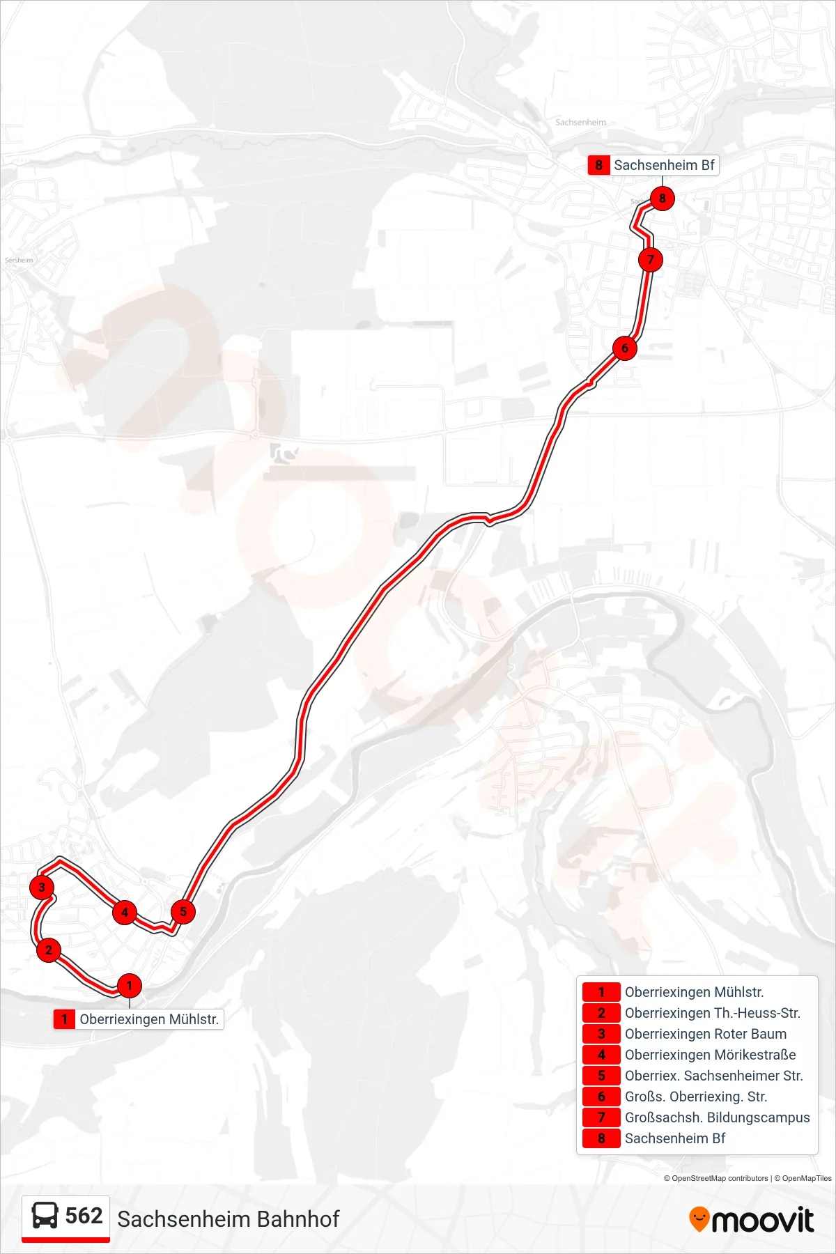 562 bus Line (Sachsenheim Bahnhof) route and stops on a map