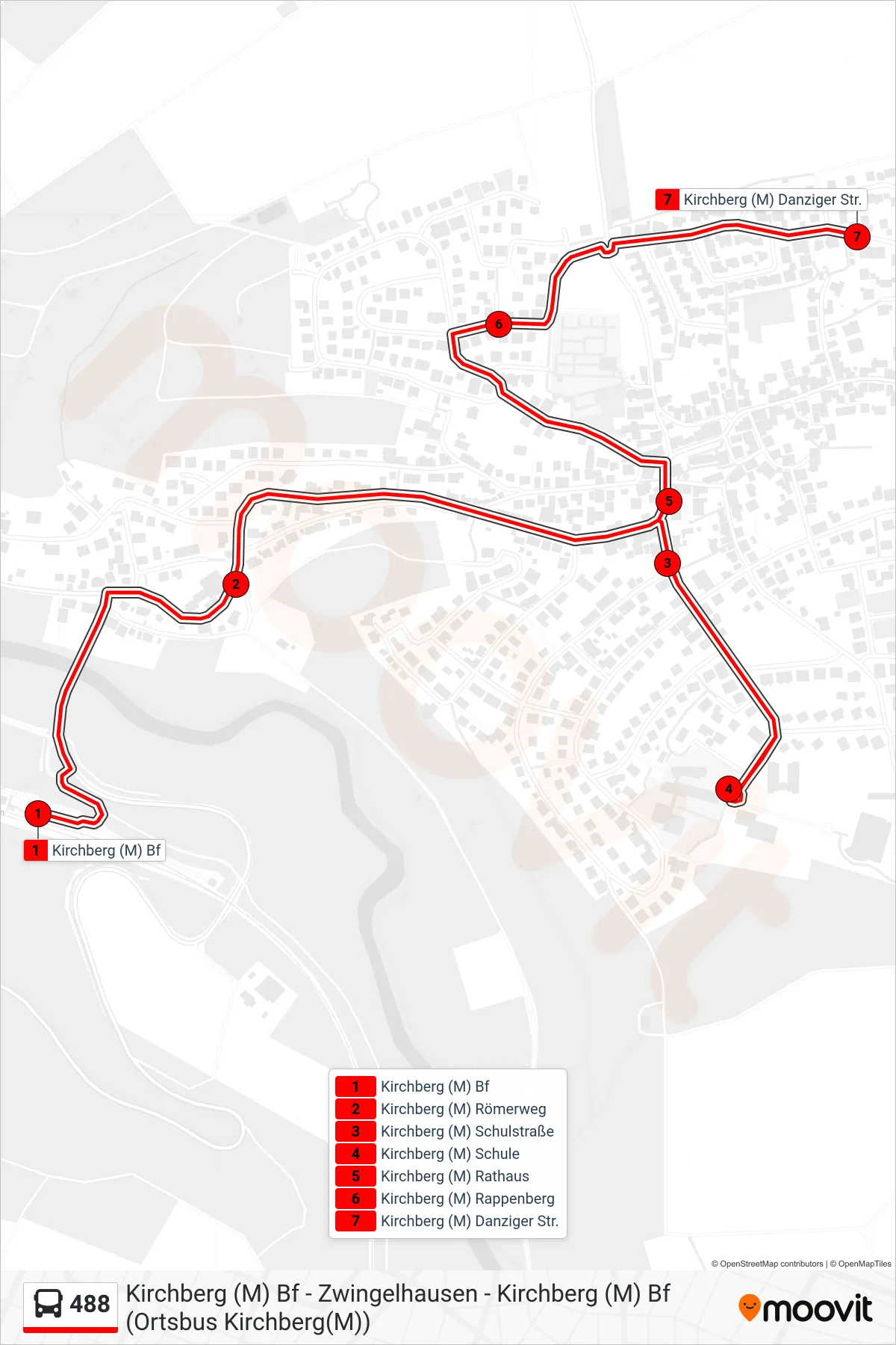 488 bus Line (Kirchberg (M) Danziger Str.) route and stops on a map