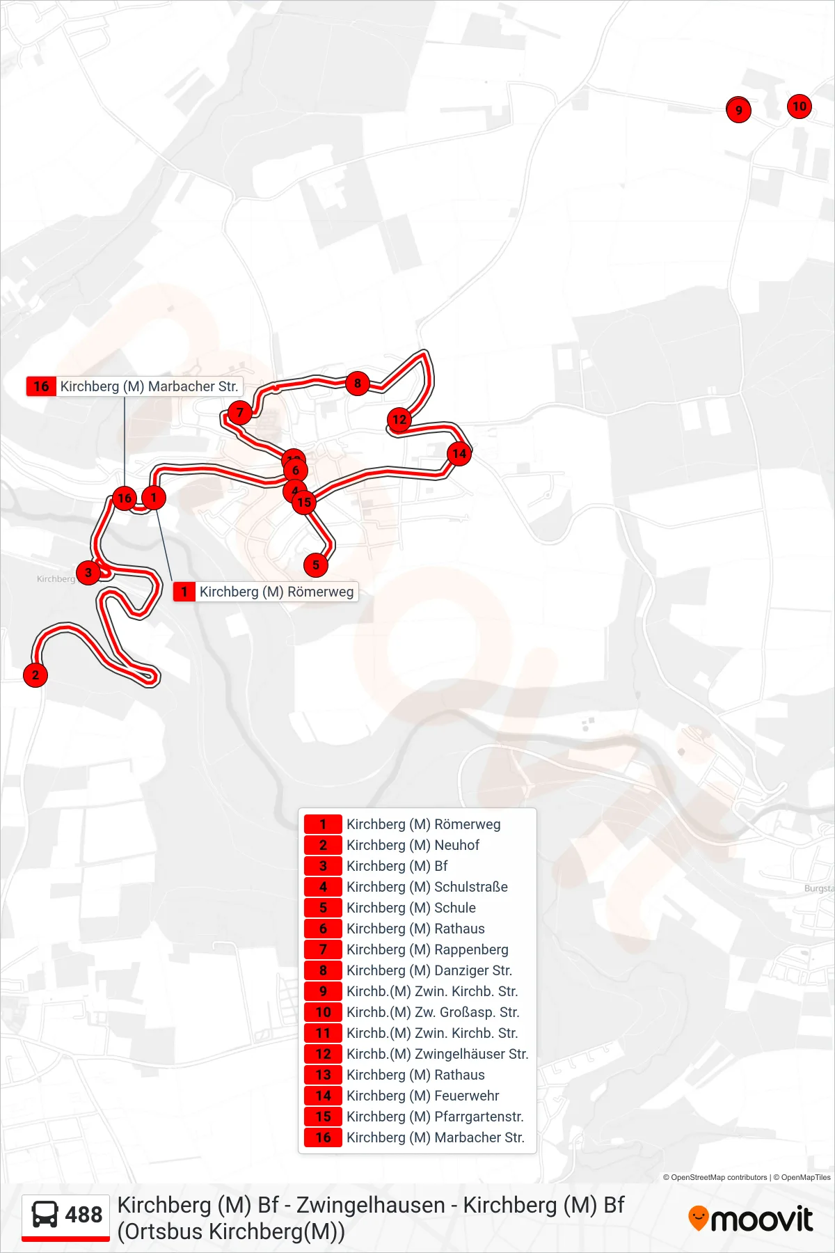 Linie 488 (Bus) Richtung Kirchberg (M) Neuhof: Route und Haltestellen auf der Karte