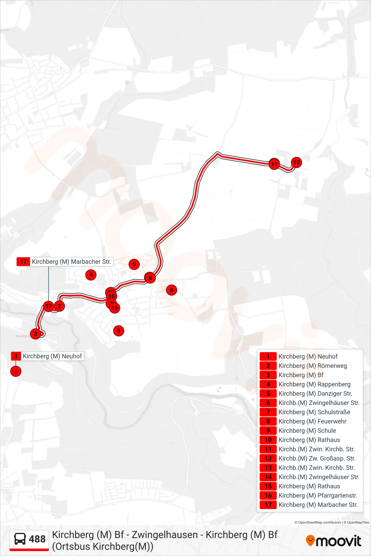 488 bus Line (Kirchberg (M) Bf) route and stops on a map