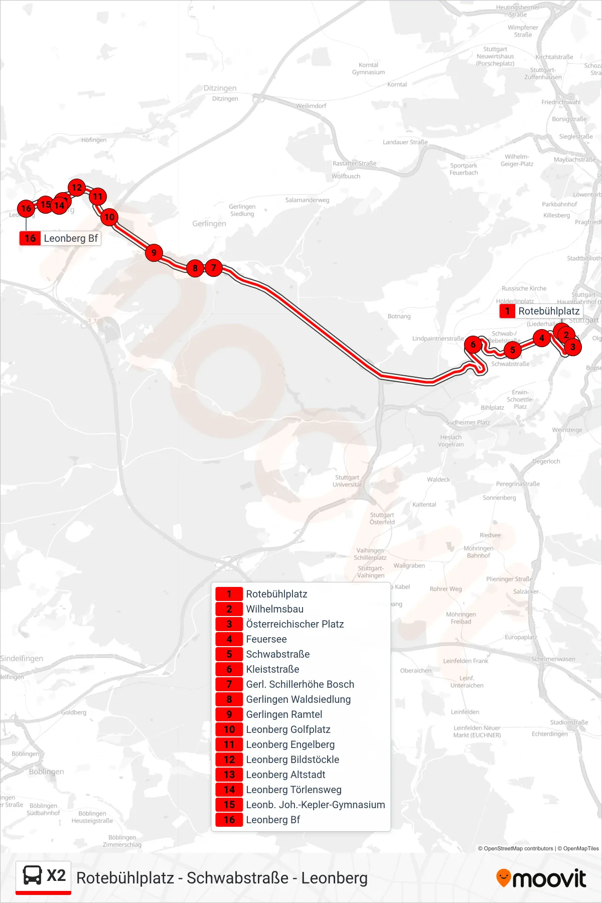 Linie X2 (Bus) Richtung Leonberg Bf: Route und Haltestellen auf der Karte