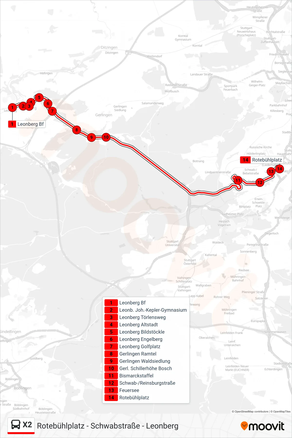 X2 bus Line (Rotebühlplatz) route and stops on a map