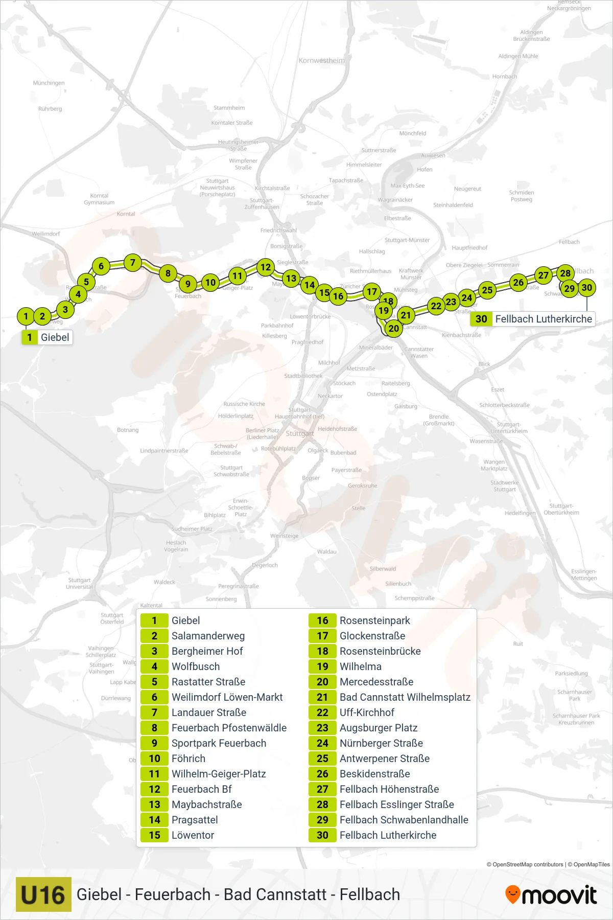 U16 subway Line (Fellbach Lutherkirche) route and stops on a map