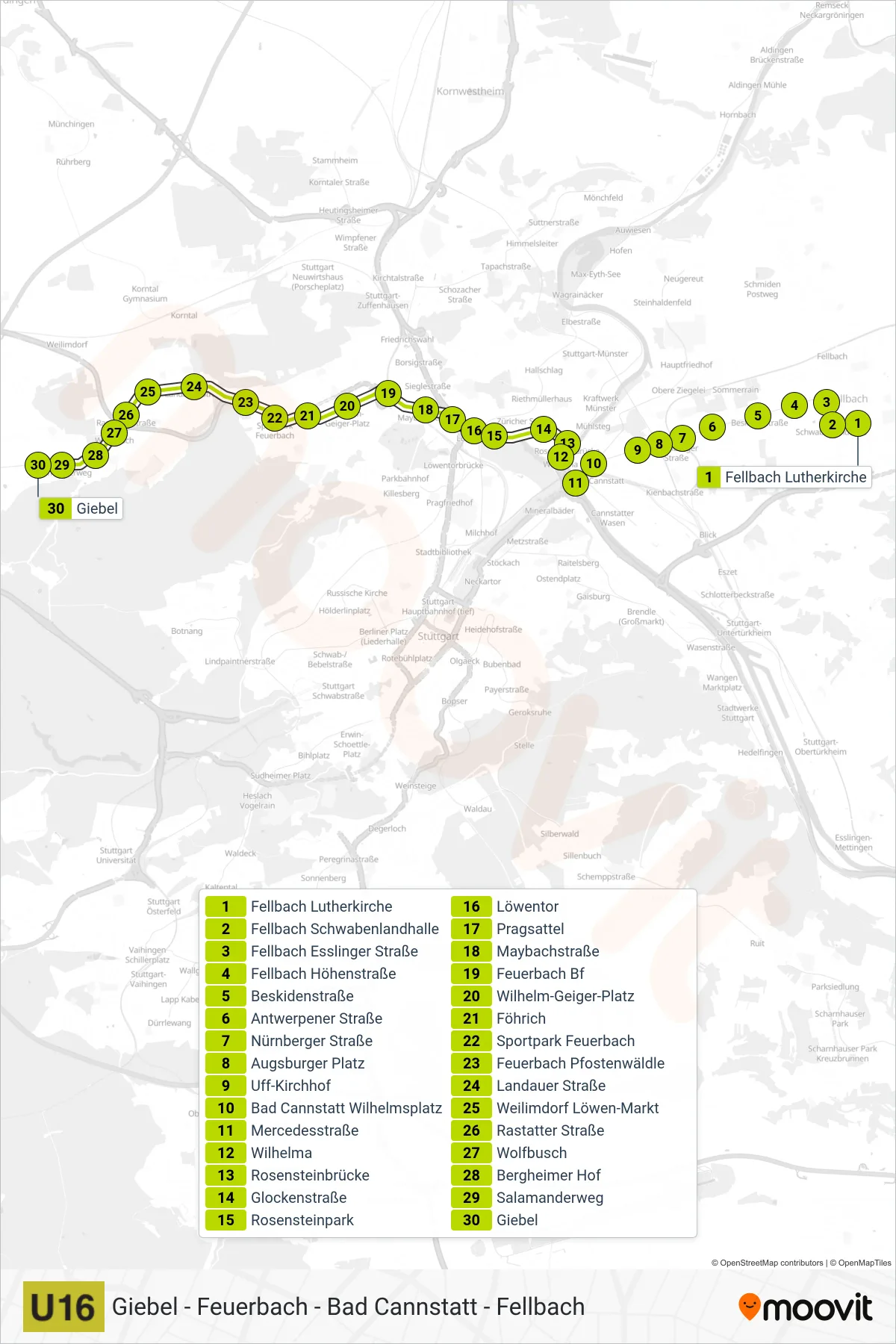 U16 subway Line (Giebel) route and stops on a map