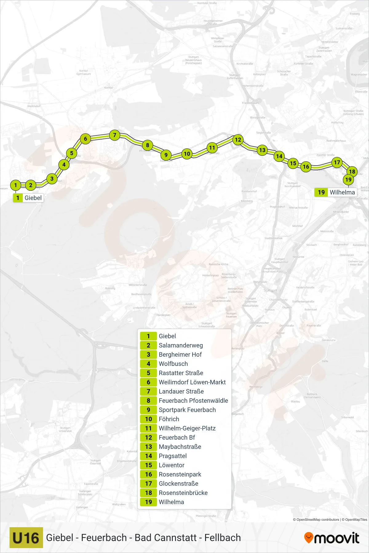 U16 subway Line (Wilhelma) route and stops on a map