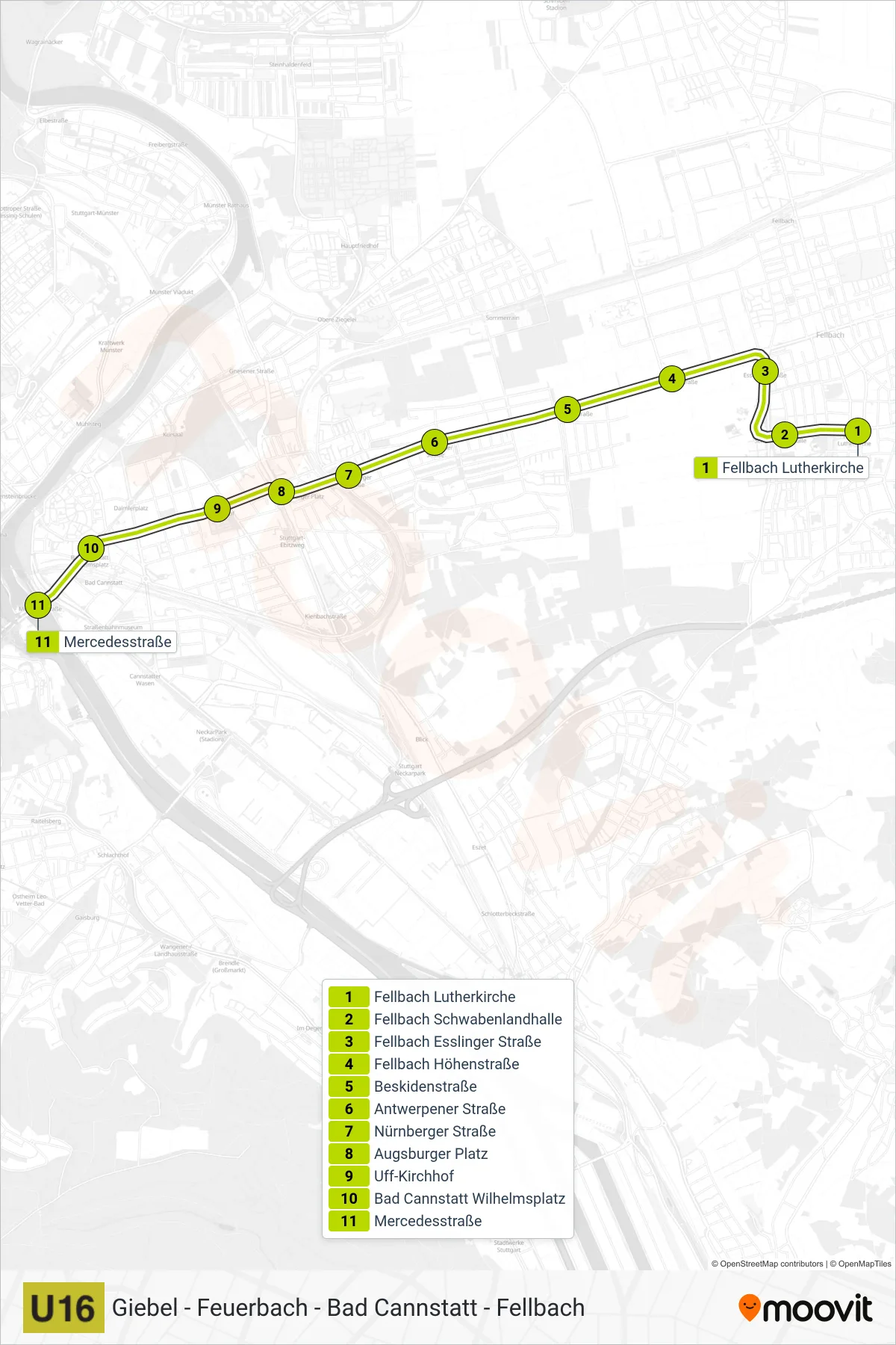 U16 subway Line (Mercedesstraße) route and stops on a map
