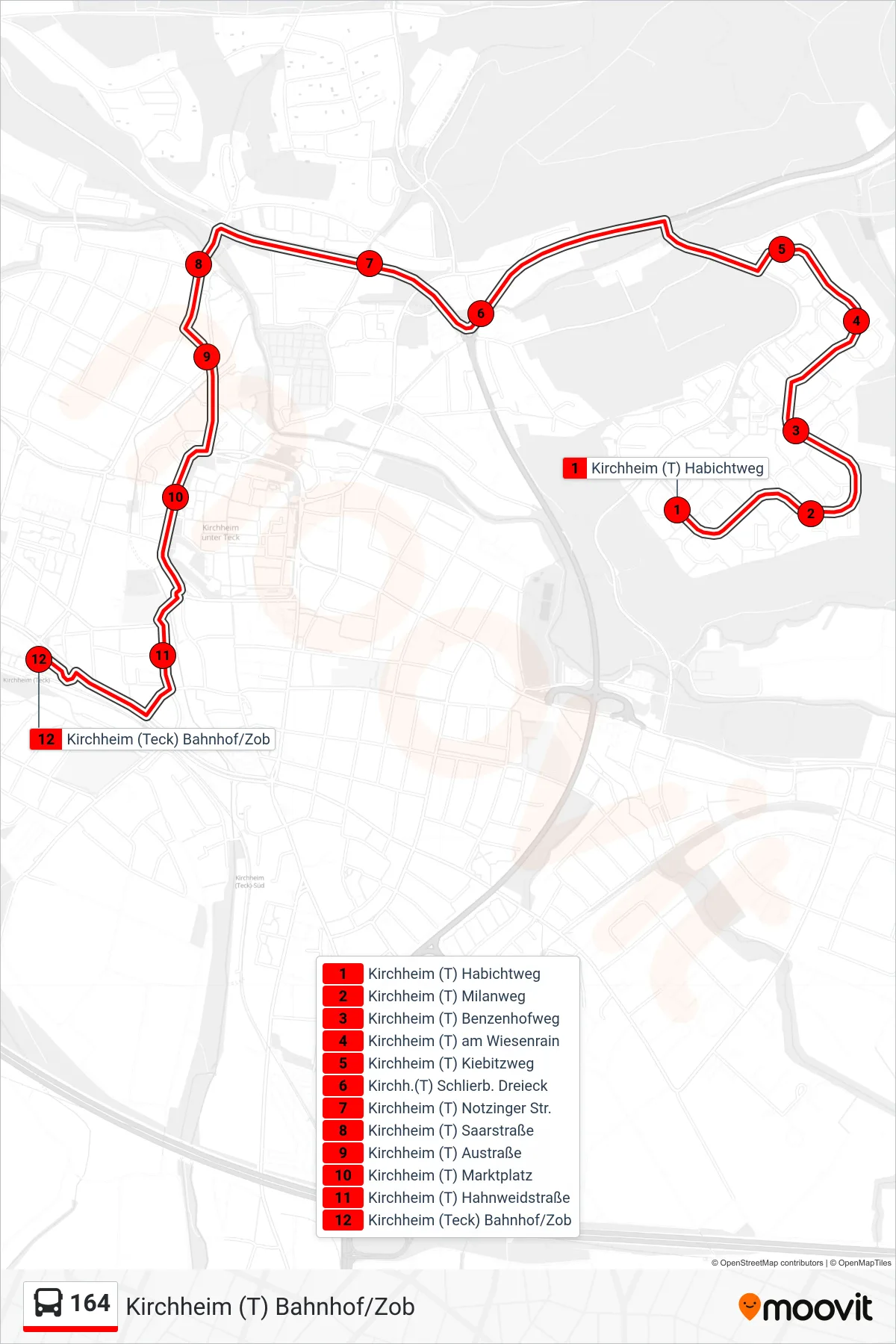 164 bus Line (Kirchheim (T) Bahnhof/Zob) route and stops on a map
