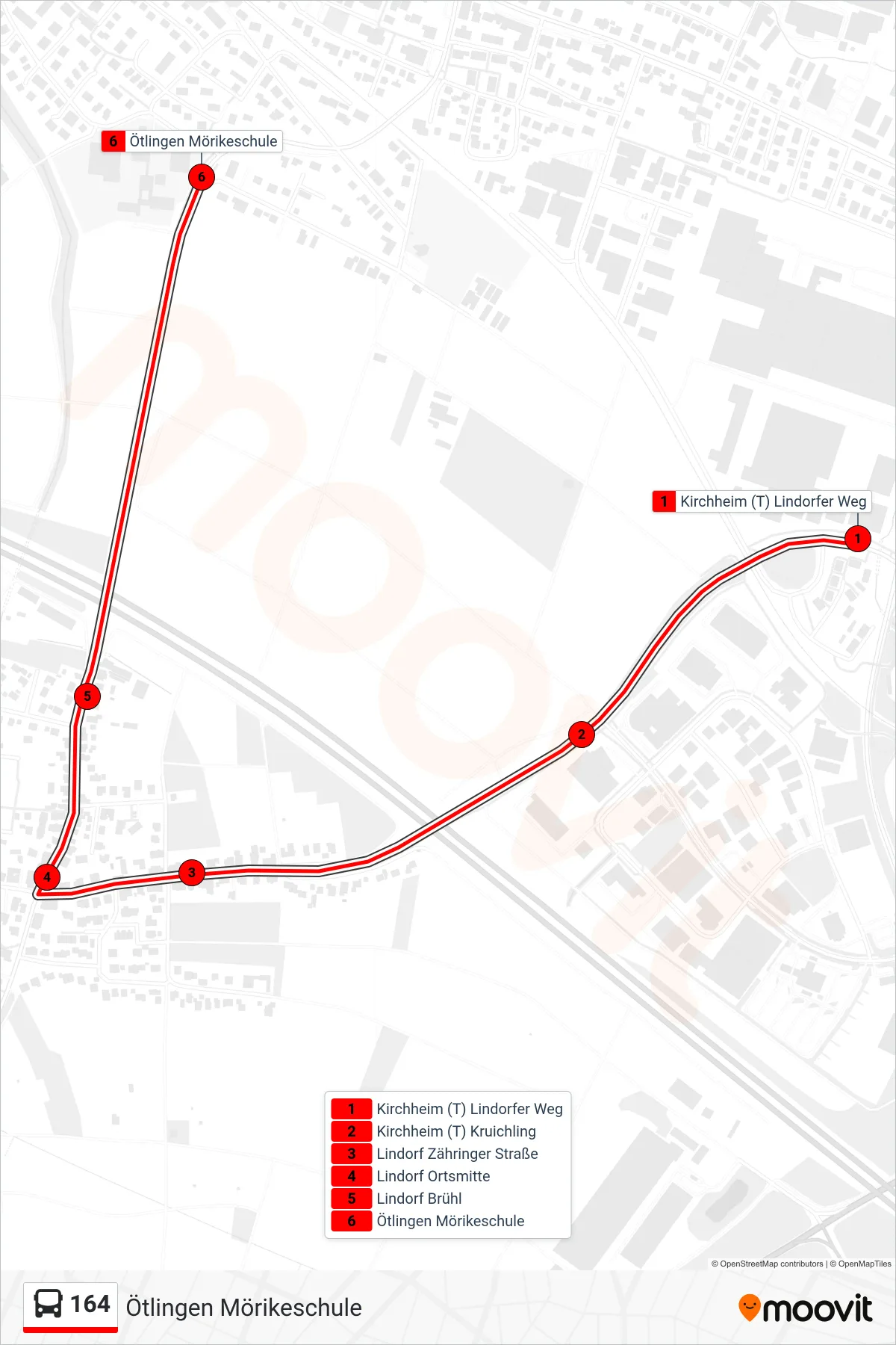 164 bus Line (Ötlingen Mörikeschule) route and stops on a map