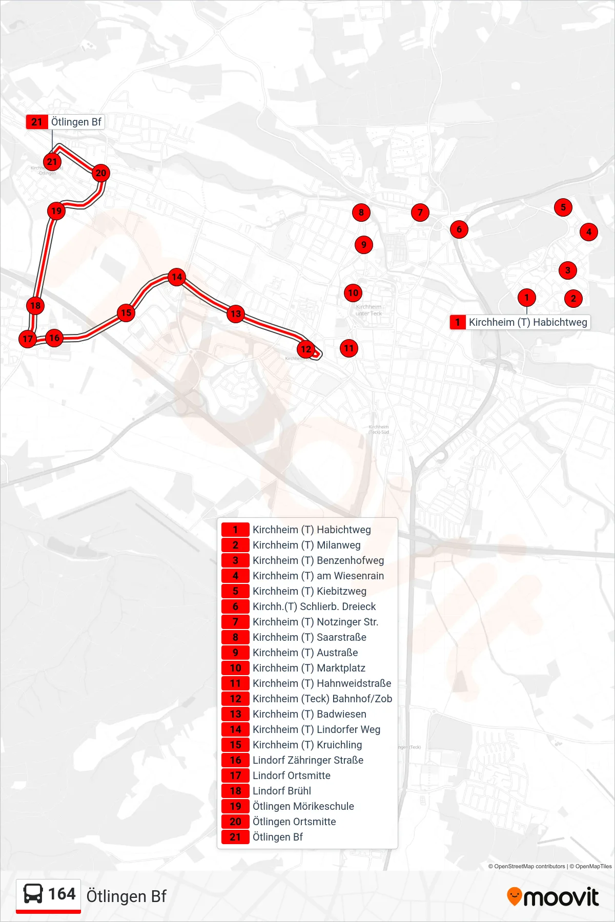 164 bus Line (Ötlingen Bf) route and stops on a map