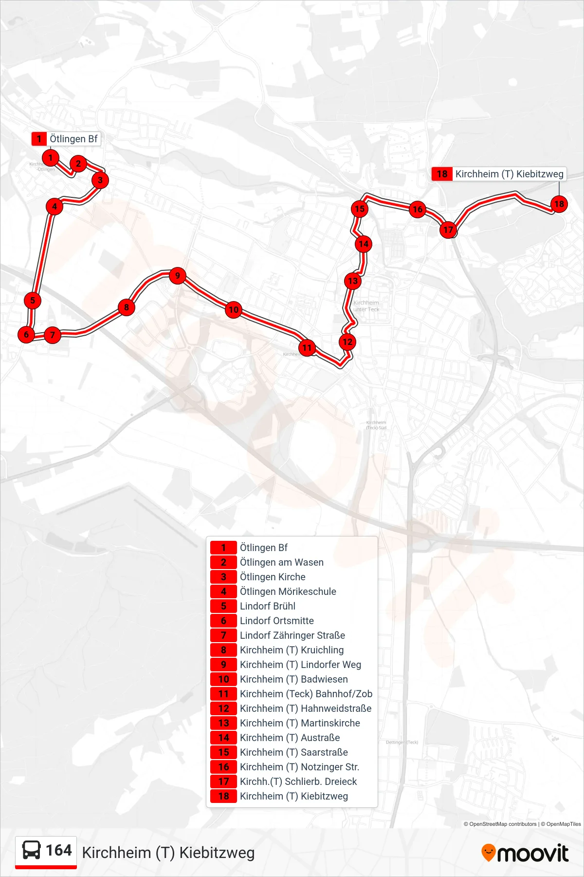 Linie 164 (Bus) Richtung Kirchheim (T) Kiebitzweg: Route und Haltestellen auf der Karte