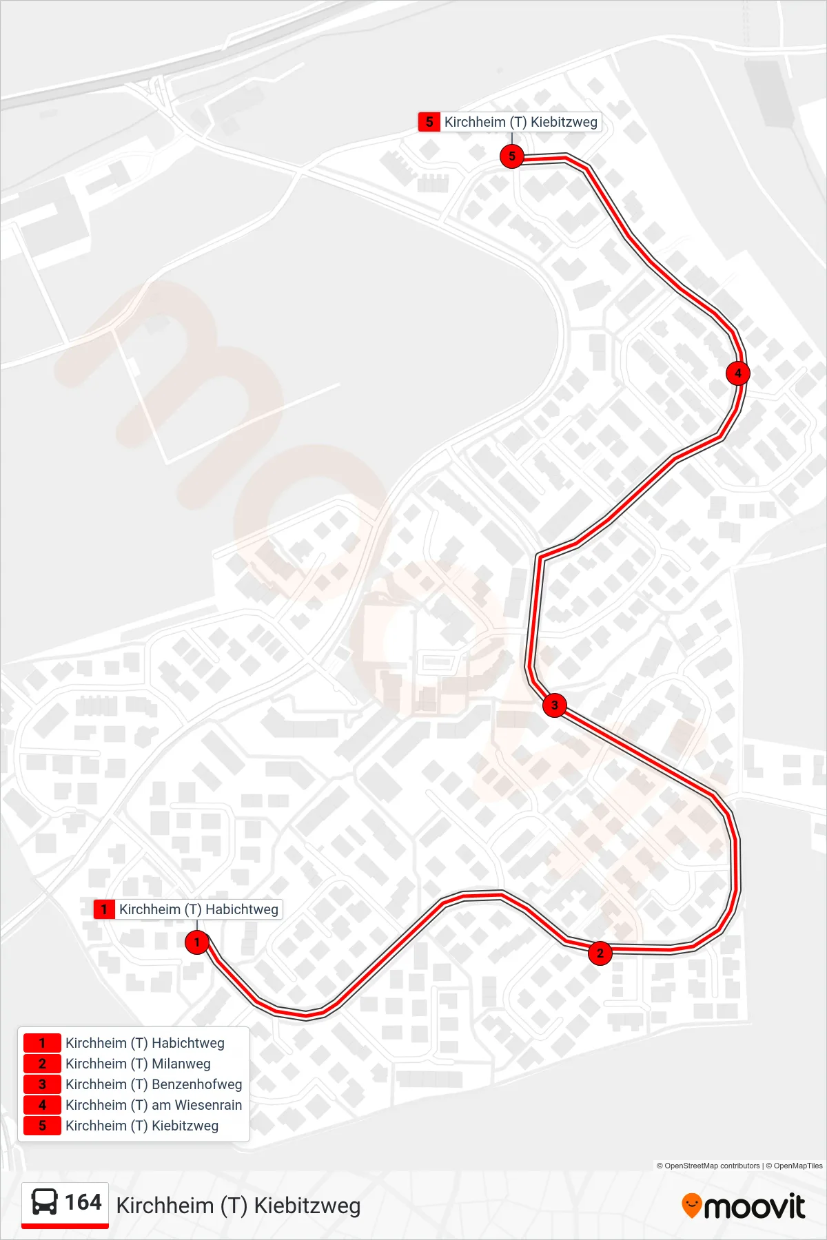 164 bus Line (Kirchheim (T) Kiebitzweg) route and stops on a map