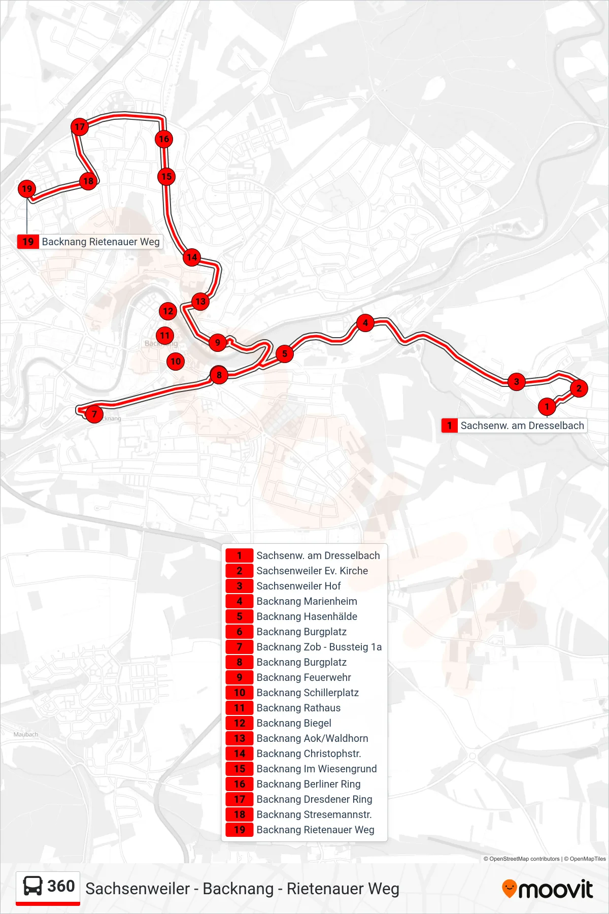 360 bus Line (Backnang Rietenauer Weg) route and stops on a map