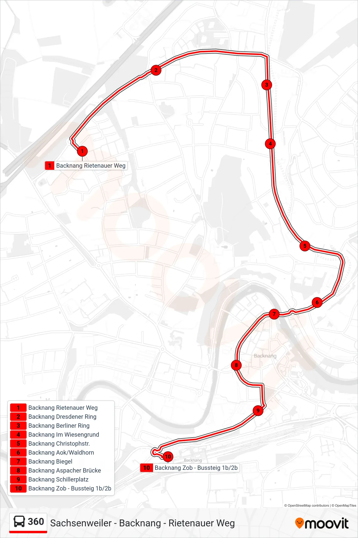 Linie 360 (Bus) Richtung Backnang Zob: Route und Haltestellen auf der Karte