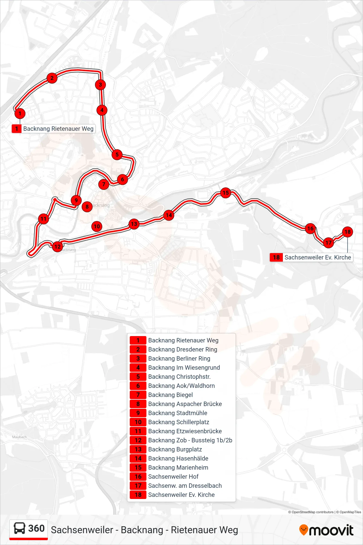 360 bus Line (Sachsenweiler Ev. Kirche) route and stops on a map