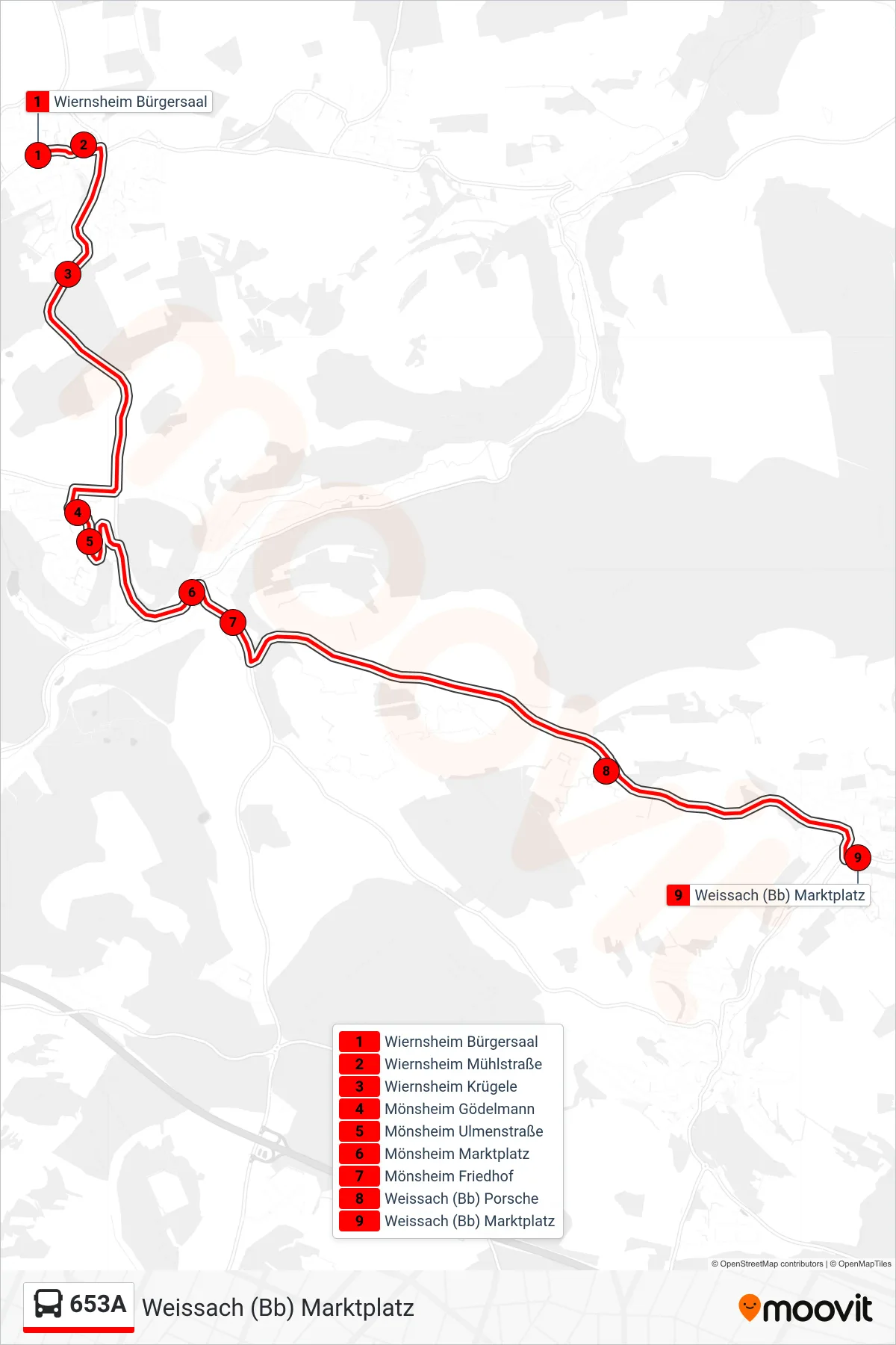 653A bus Line (Weissach (Bb) Marktplatz) route and stops on a map
