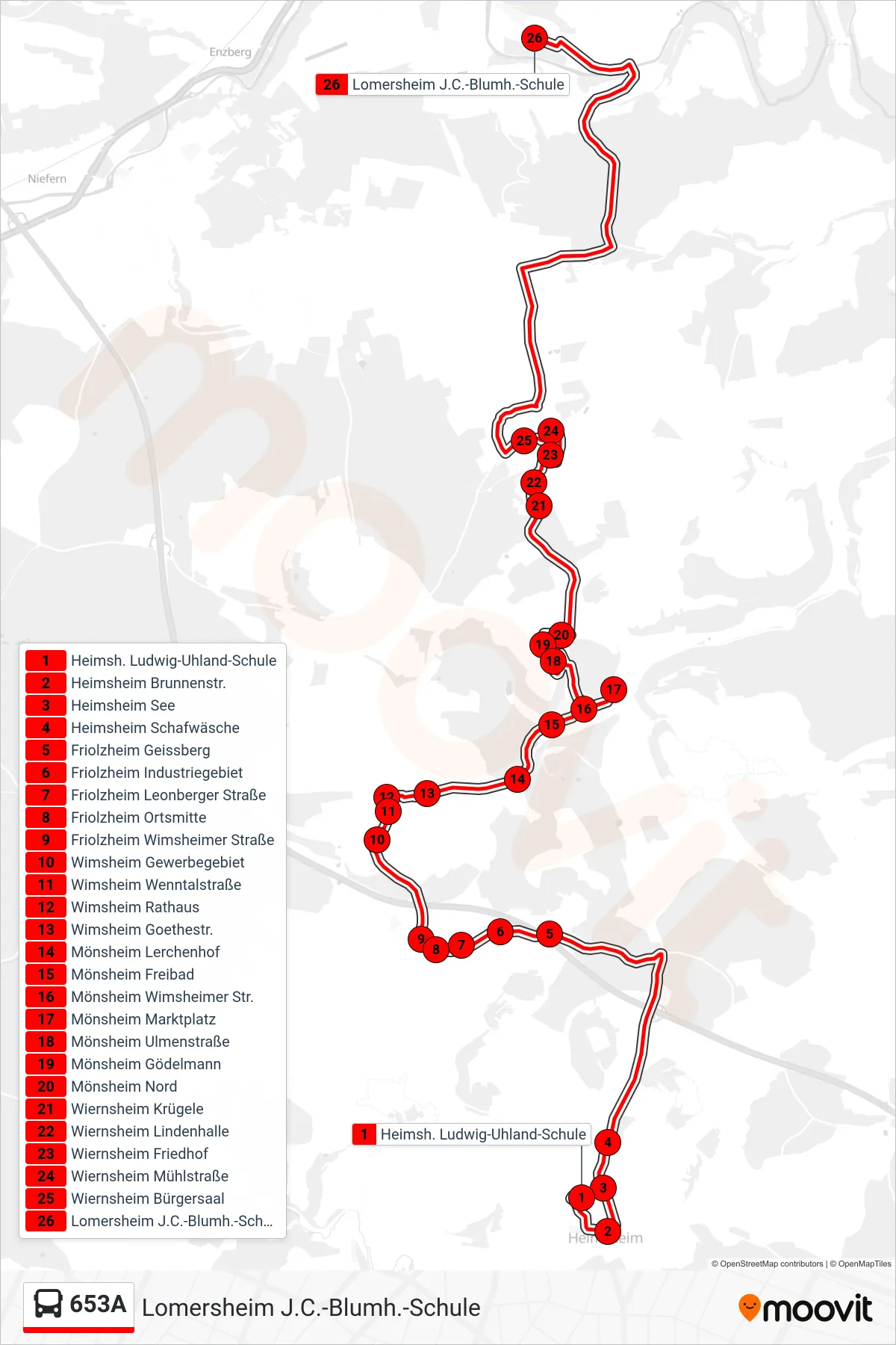 653A bus Line (Lomersheim J.C.-Blumh.-Schule) route and stops on a map