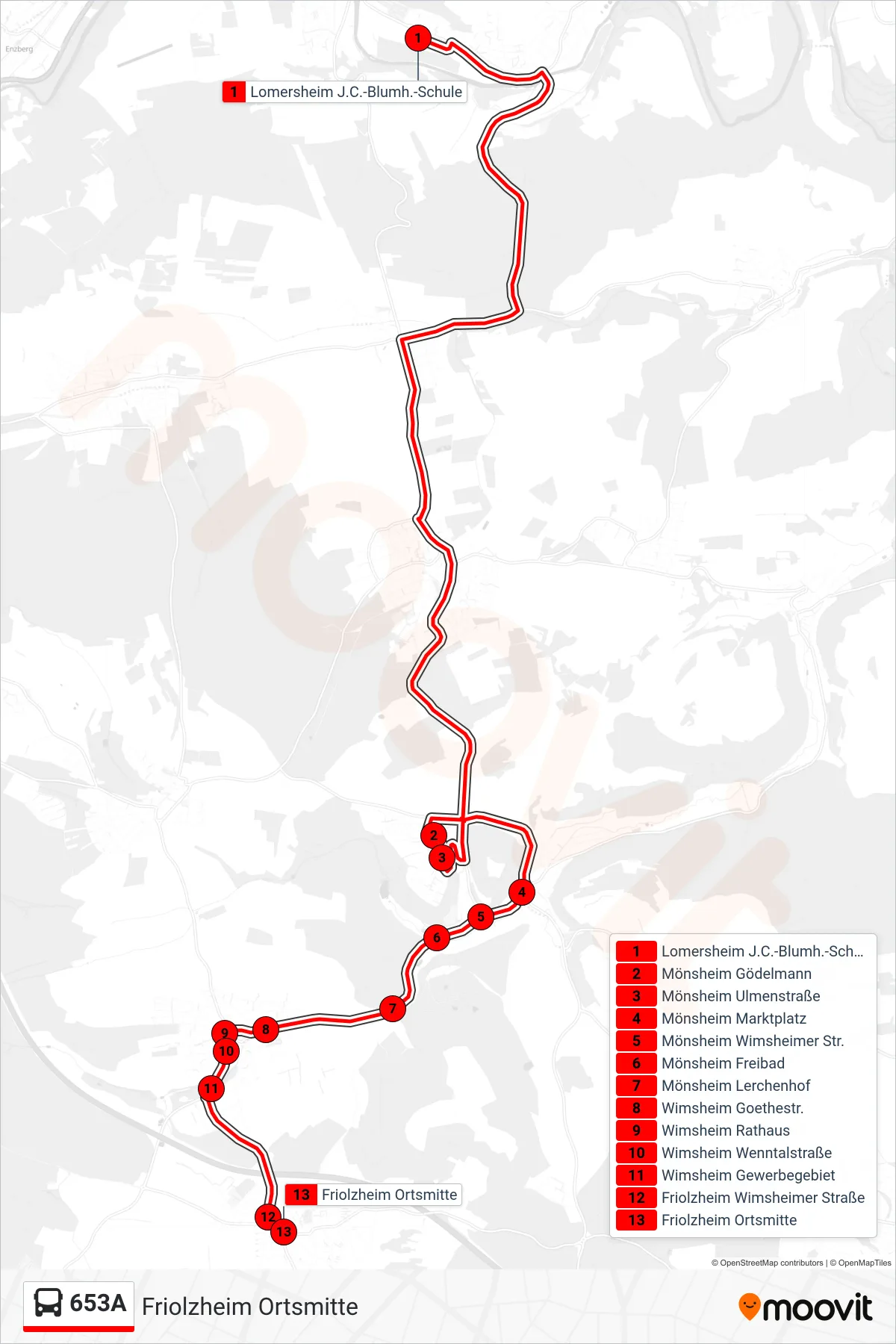 653A bus Line (Friolzheim Ortsmitte) route and stops on a map