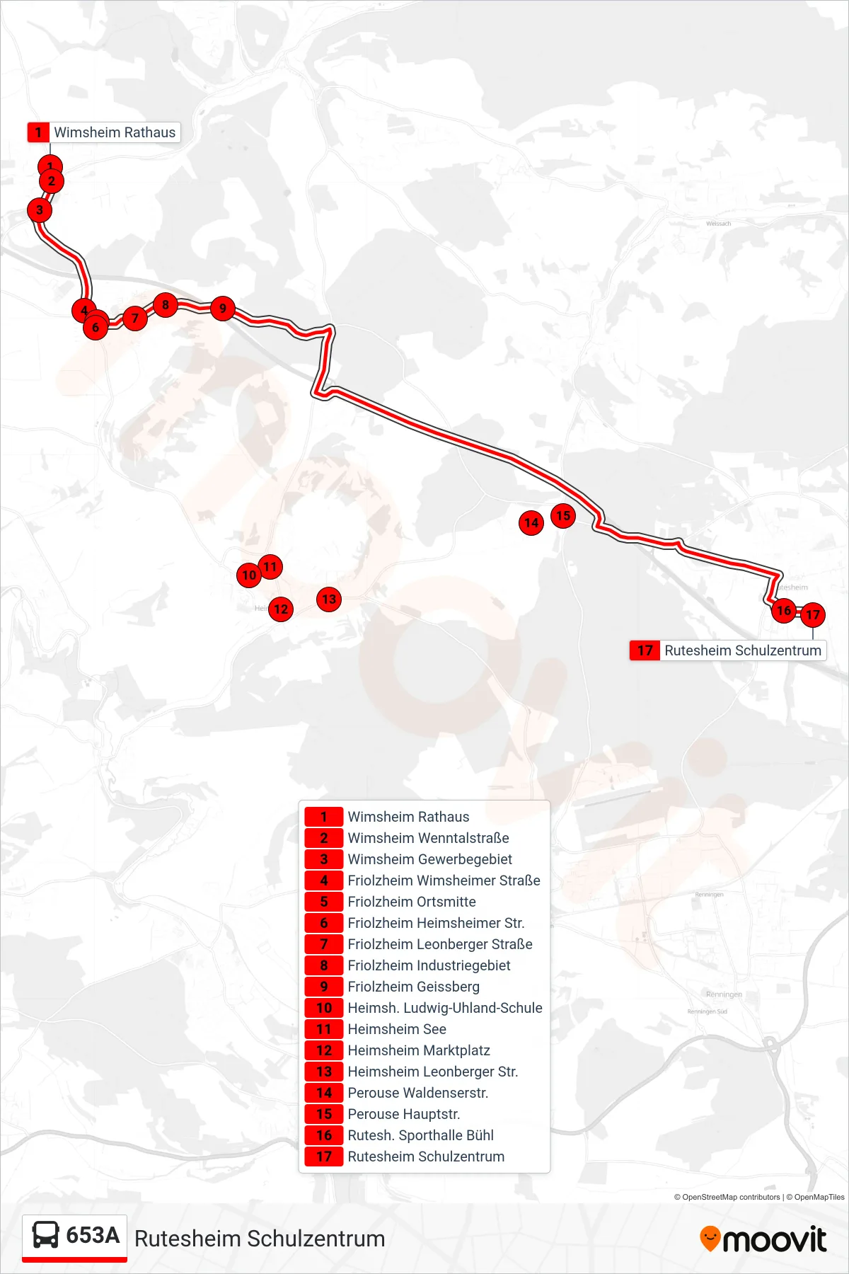 653A bus Line (Rutesheim Schulzentrum) route and stops on a map