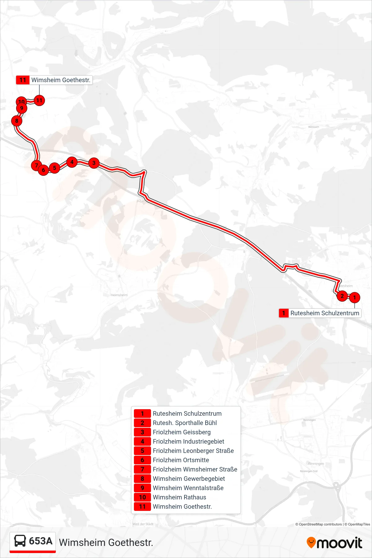 653A bus Line (Wimsheim Goethestr.) route and stops on a map