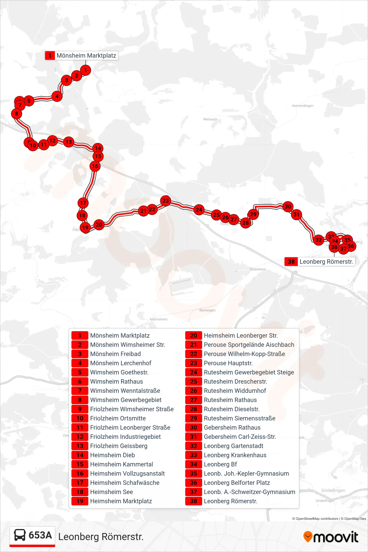 653A bus Line (Leonberg Römerstr.) route and stops on a map