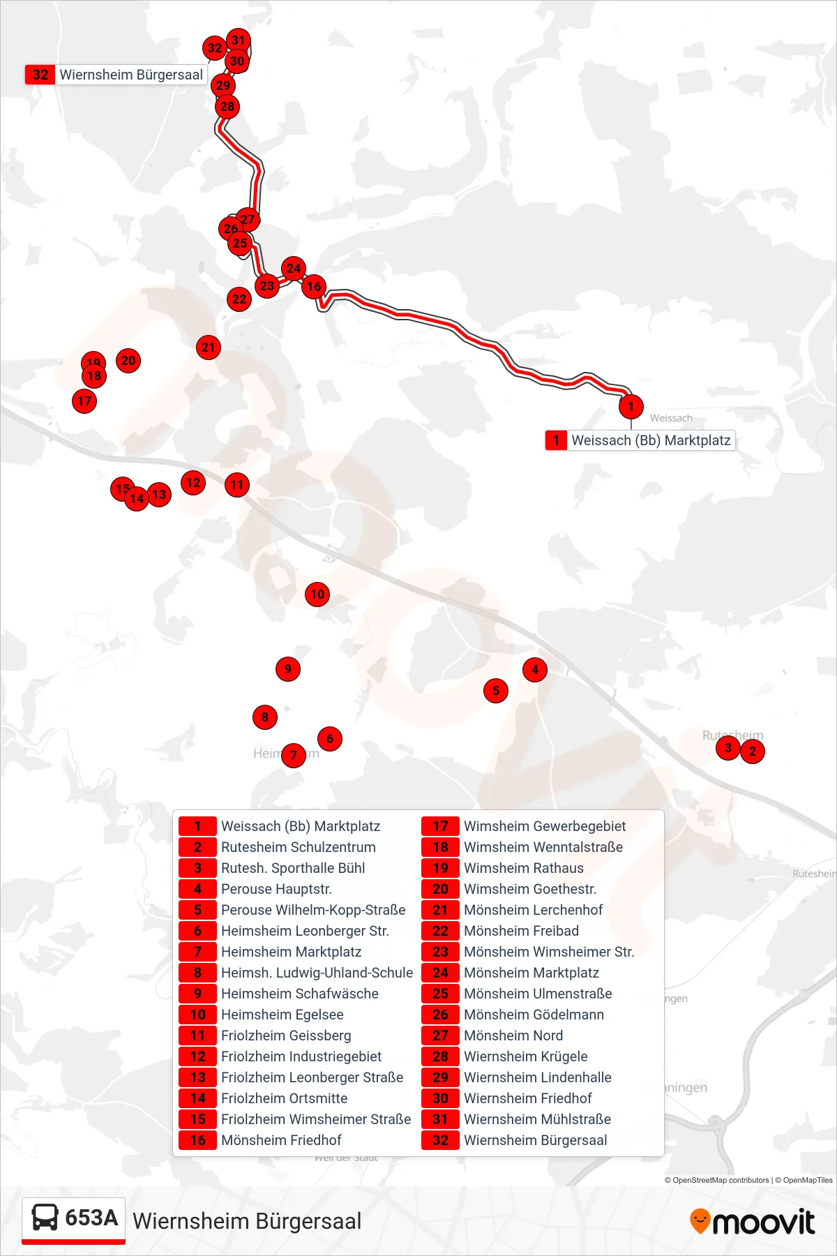 653A bus Line (Wiernsheim Bürgersaal) route and stops on a map