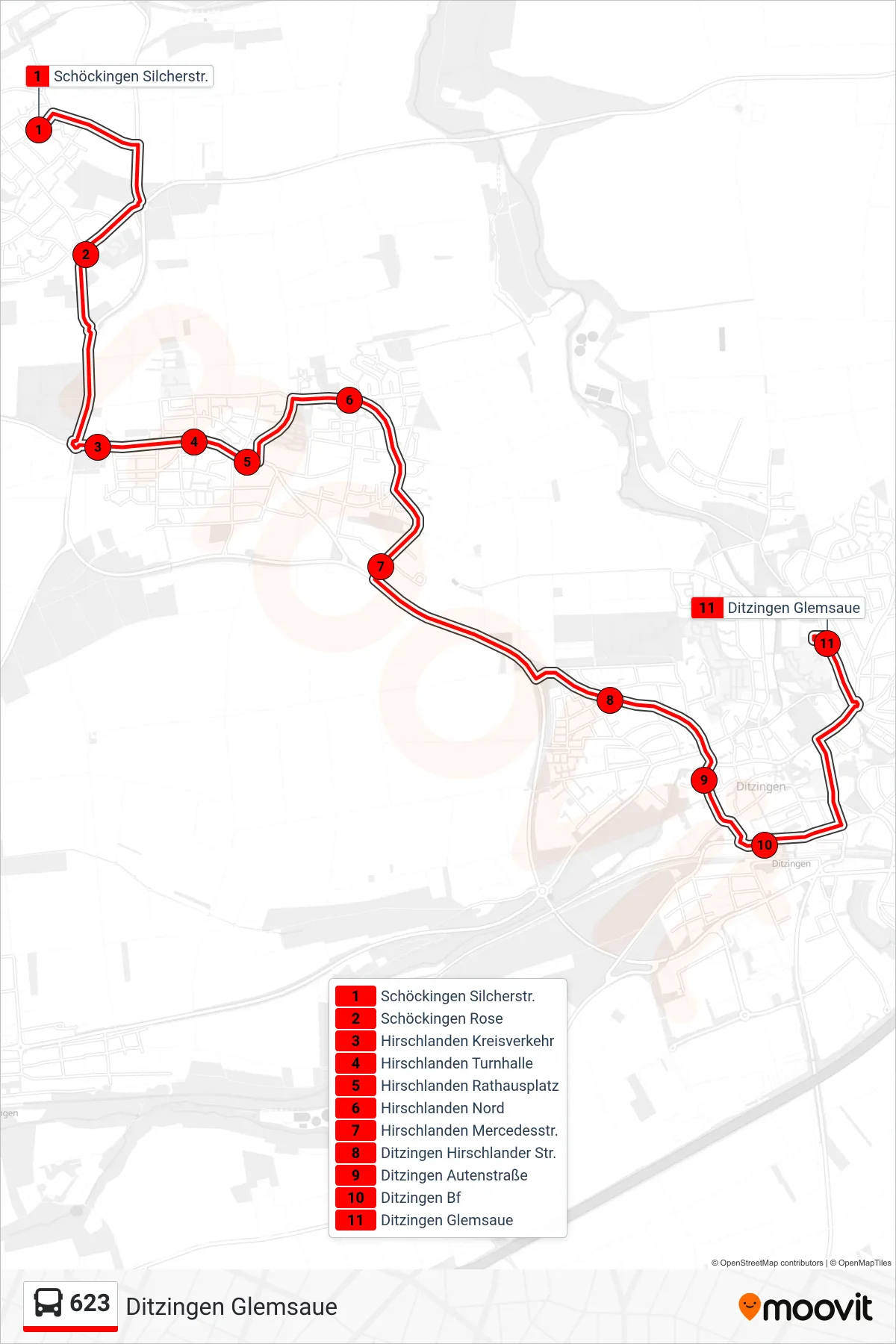 623 bus Line (Ditzingen Glemsaue) route and stops on a map