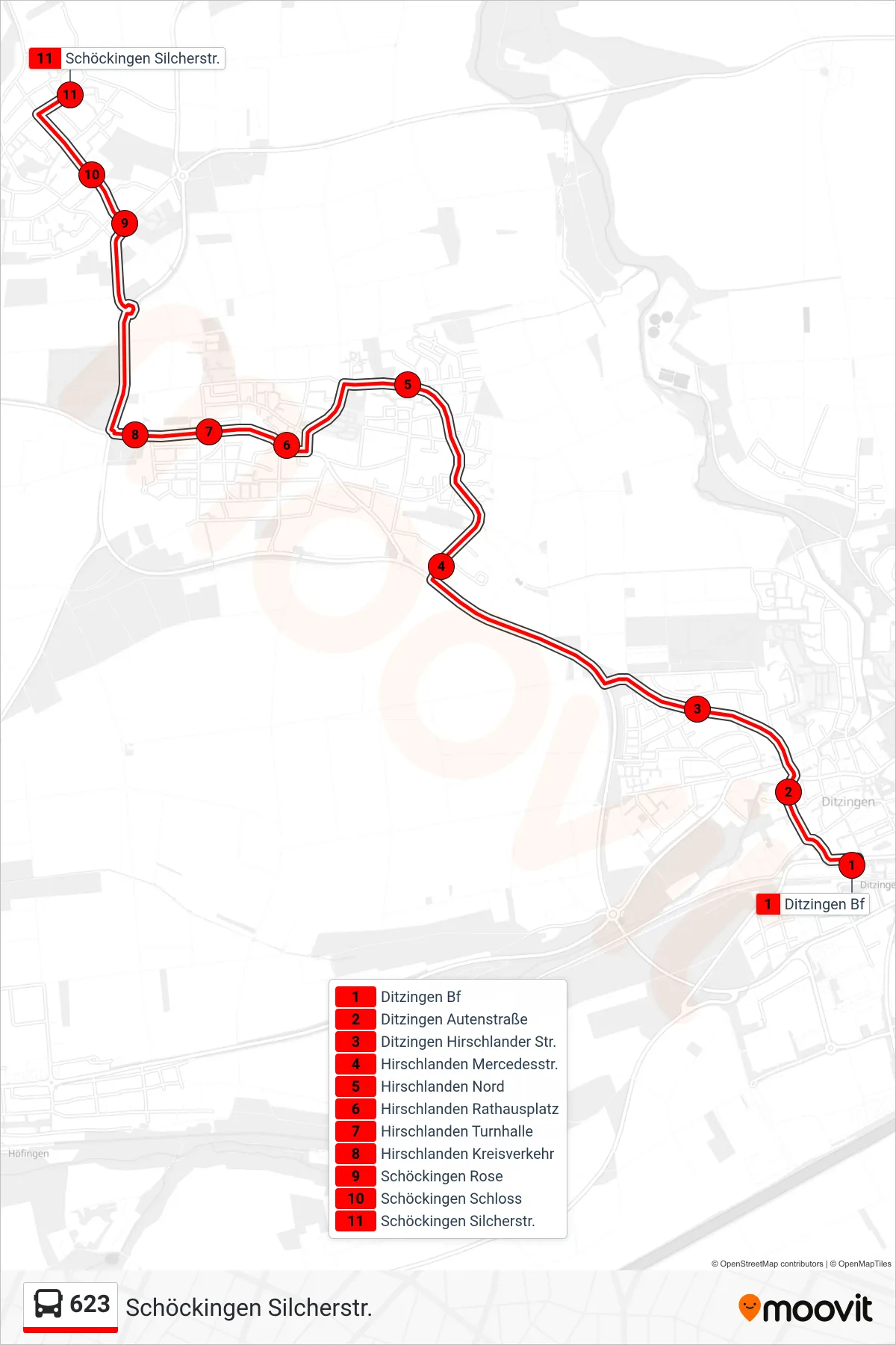 Linie 623 (Bus) Richtung Schöckingen Silcherstr.: Route und Haltestellen auf der Karte