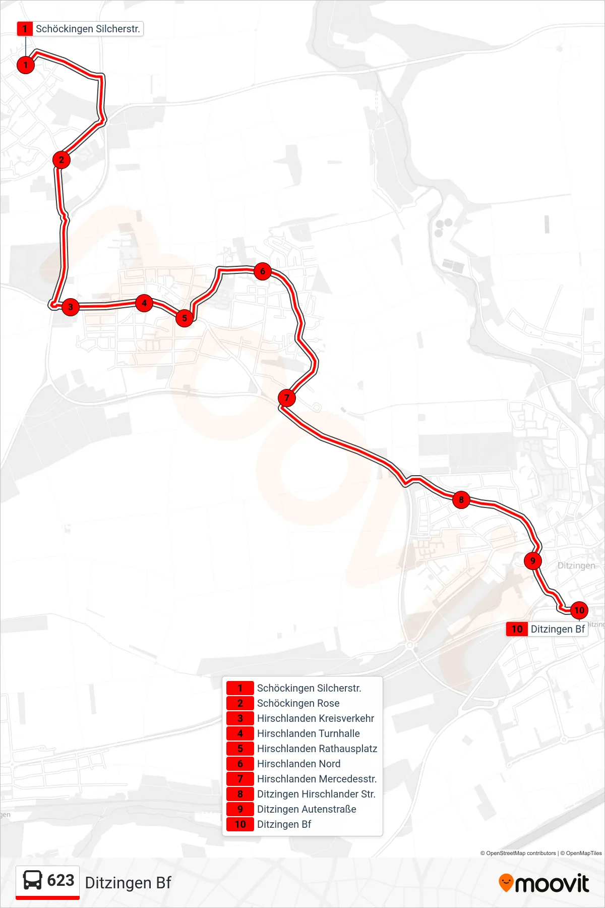 623 bus Line (Ditzingen Bf) route and stops on a map